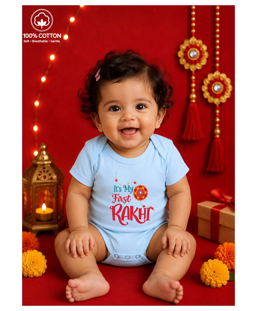 BLUSHES 100% Cotton Knit Raksha Bandhan Theme Half Sleeves Its My First Rakhi Text Printed Onesie - Aqua Blue-picture-35