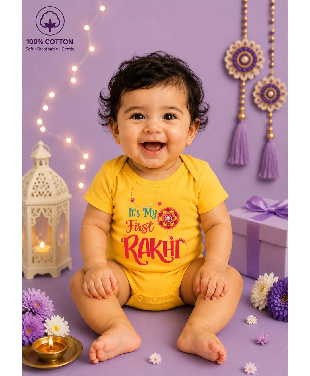 BLUSHES 100% Cotton Knit Raksha Bandhan Theme Half Sleeves Its My First Rakhi Text Printed Onesie - Yellow-picture-17