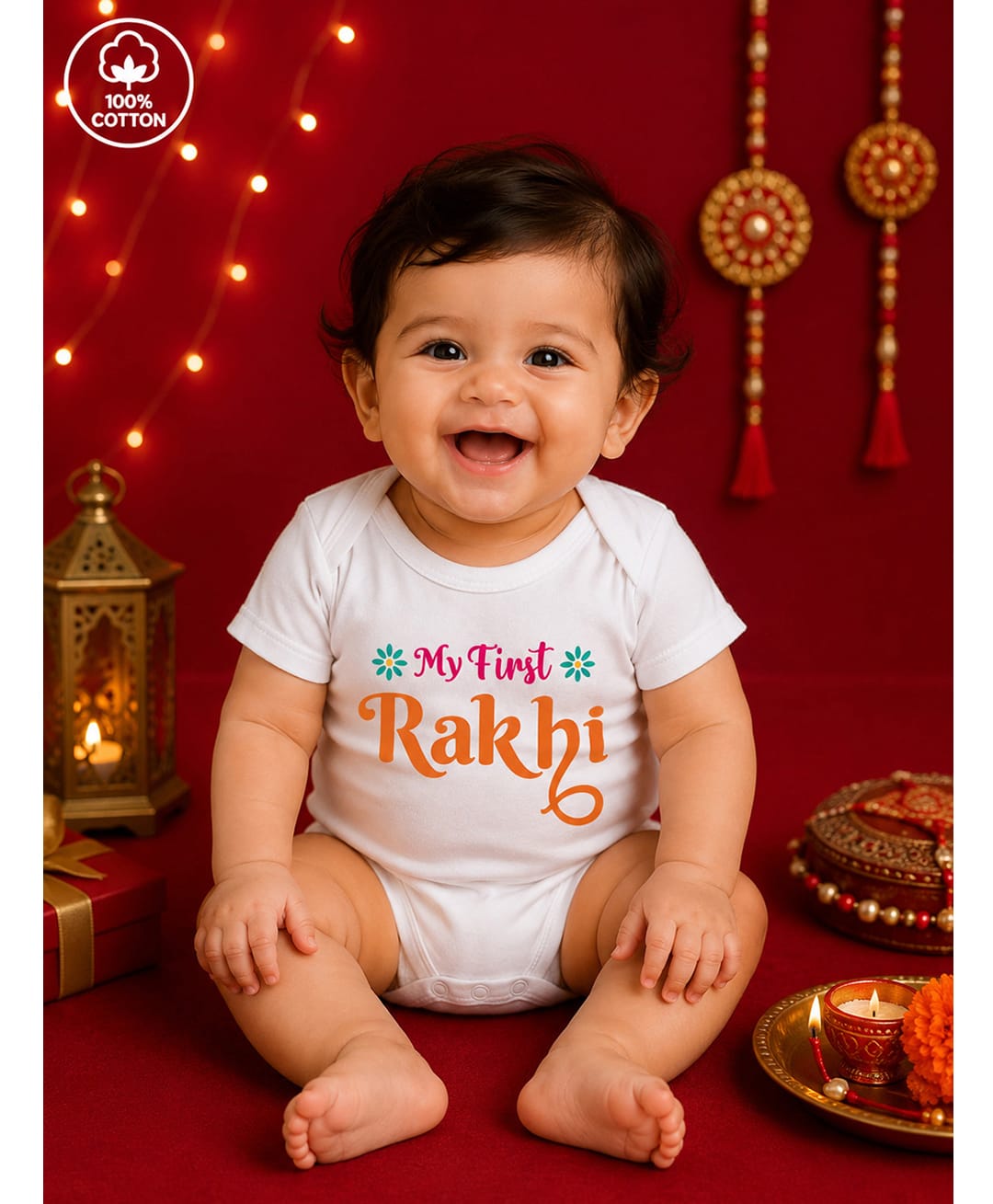BLUSHES 100% Cotton Knit Raksha Bandhan Theme Half Sleeves My First Rakhi Text Printed Onesie - White-picture-14