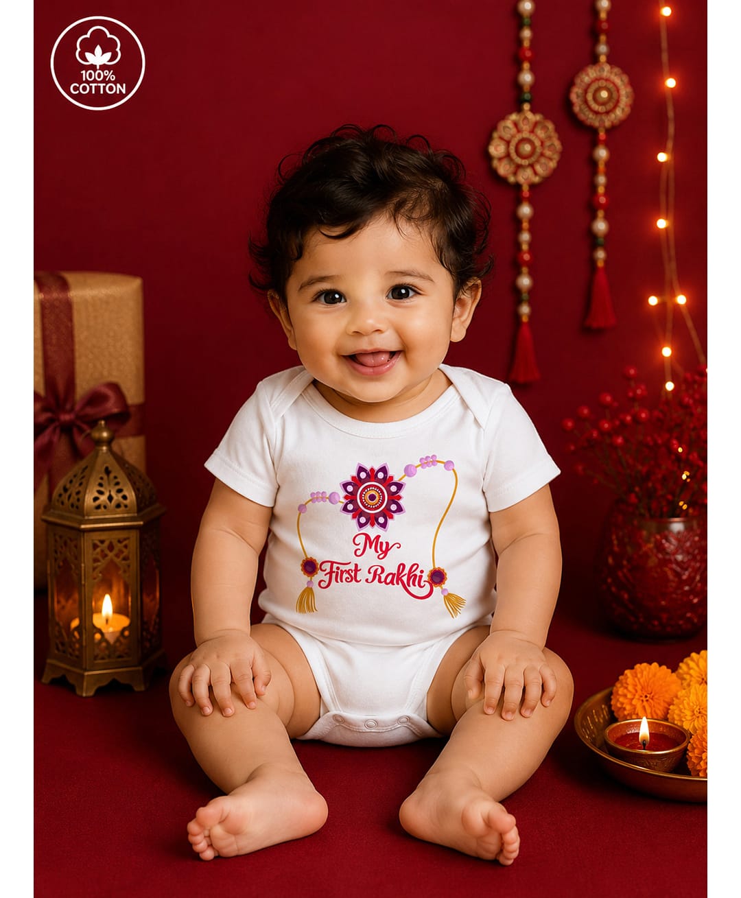 BLUSHES 100% Cotton Knit Raksha Bandhan Theme Half Sleeves My First Rakhi Text Printed Onesie - White-picture-30