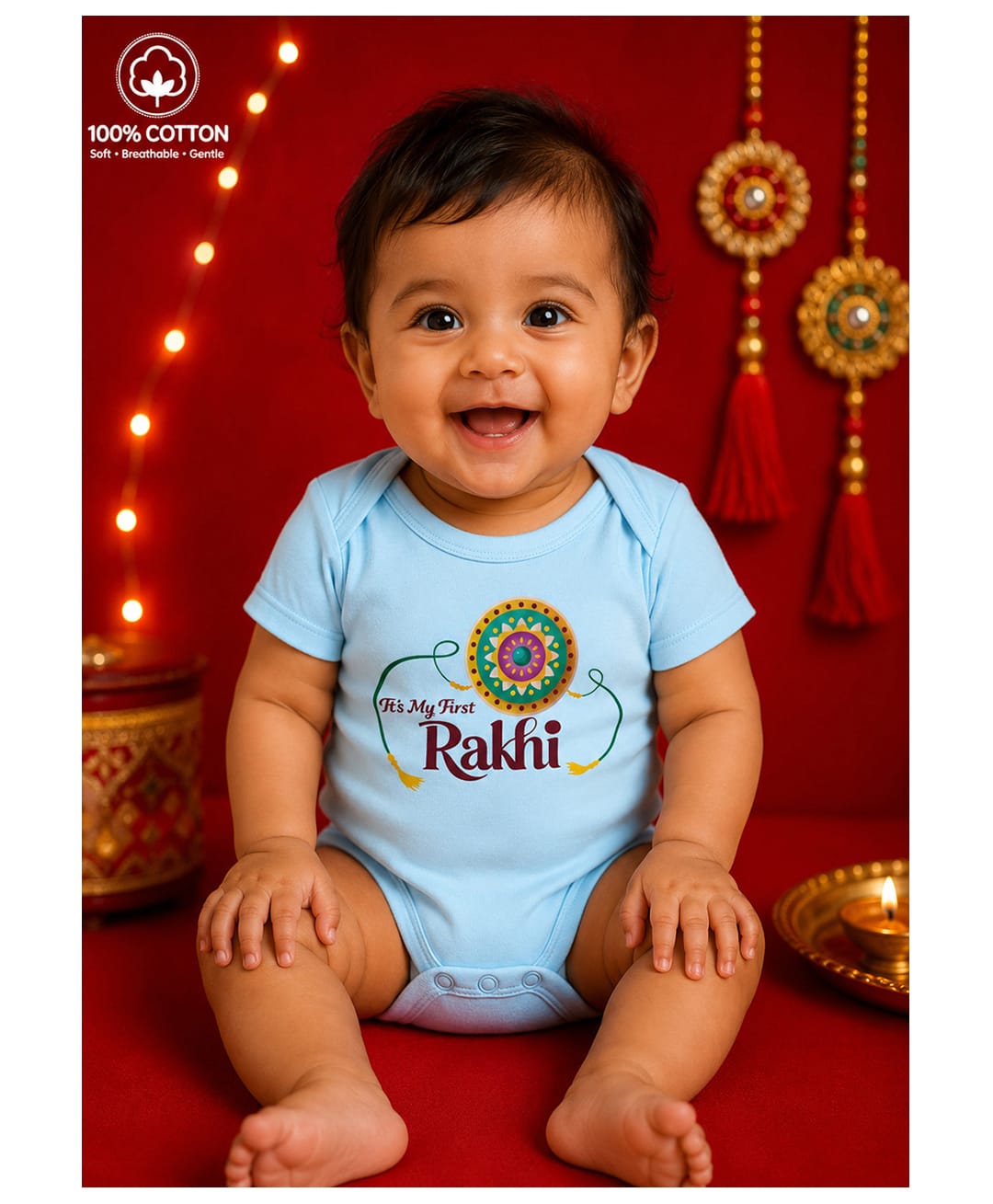 BLUSHES 100% Cotton Knit Raksha Bandhan Theme Half Sleeves Its My First Rakhi Text Printed Onesie - Aqua Blue-picture-12
