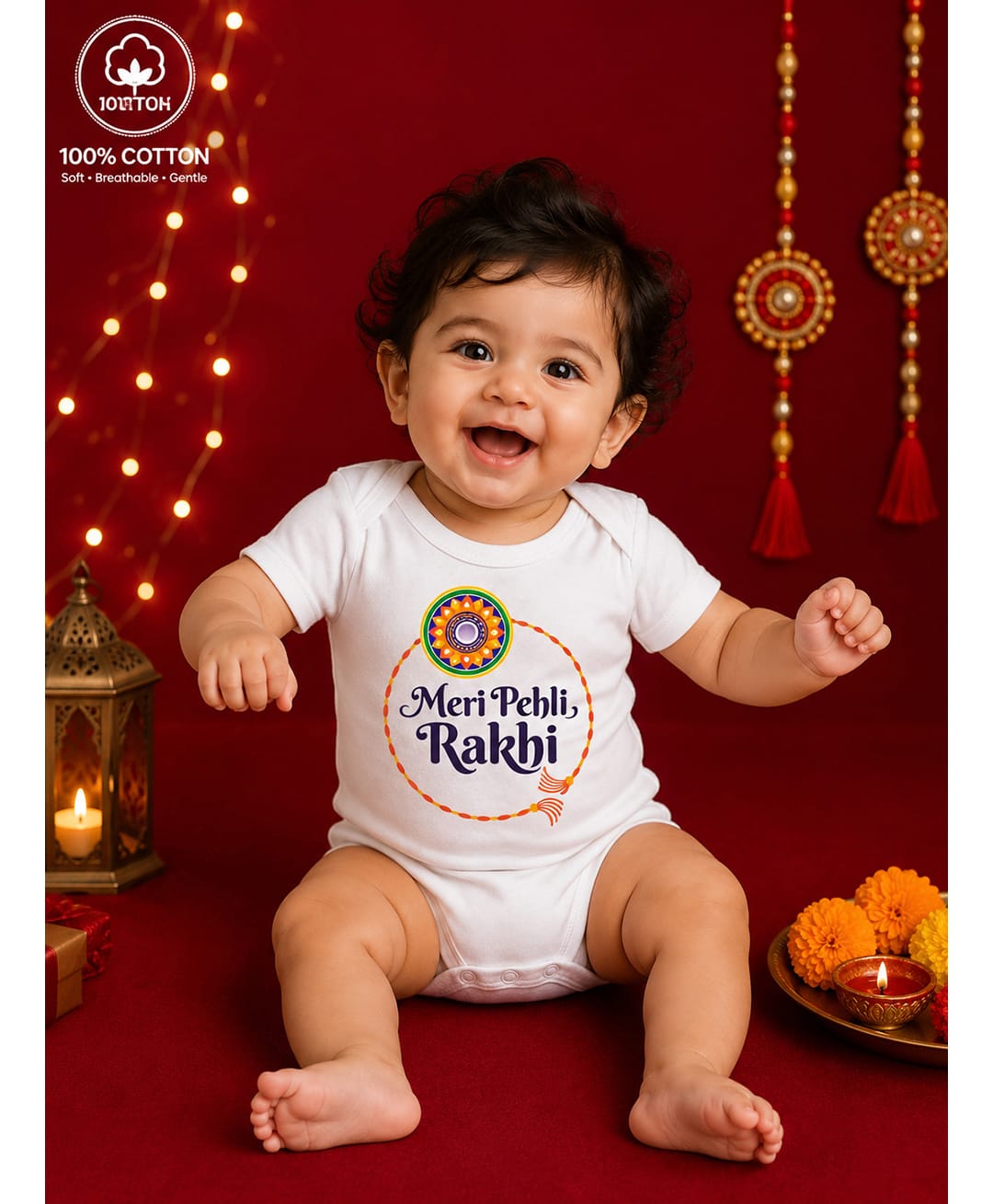 BLUSHES 100% Cotton Knit Raksha Bandhan Theme Half Sleeves Meri Pehli Rakhi Text Printed Onesie - White-picture-22
