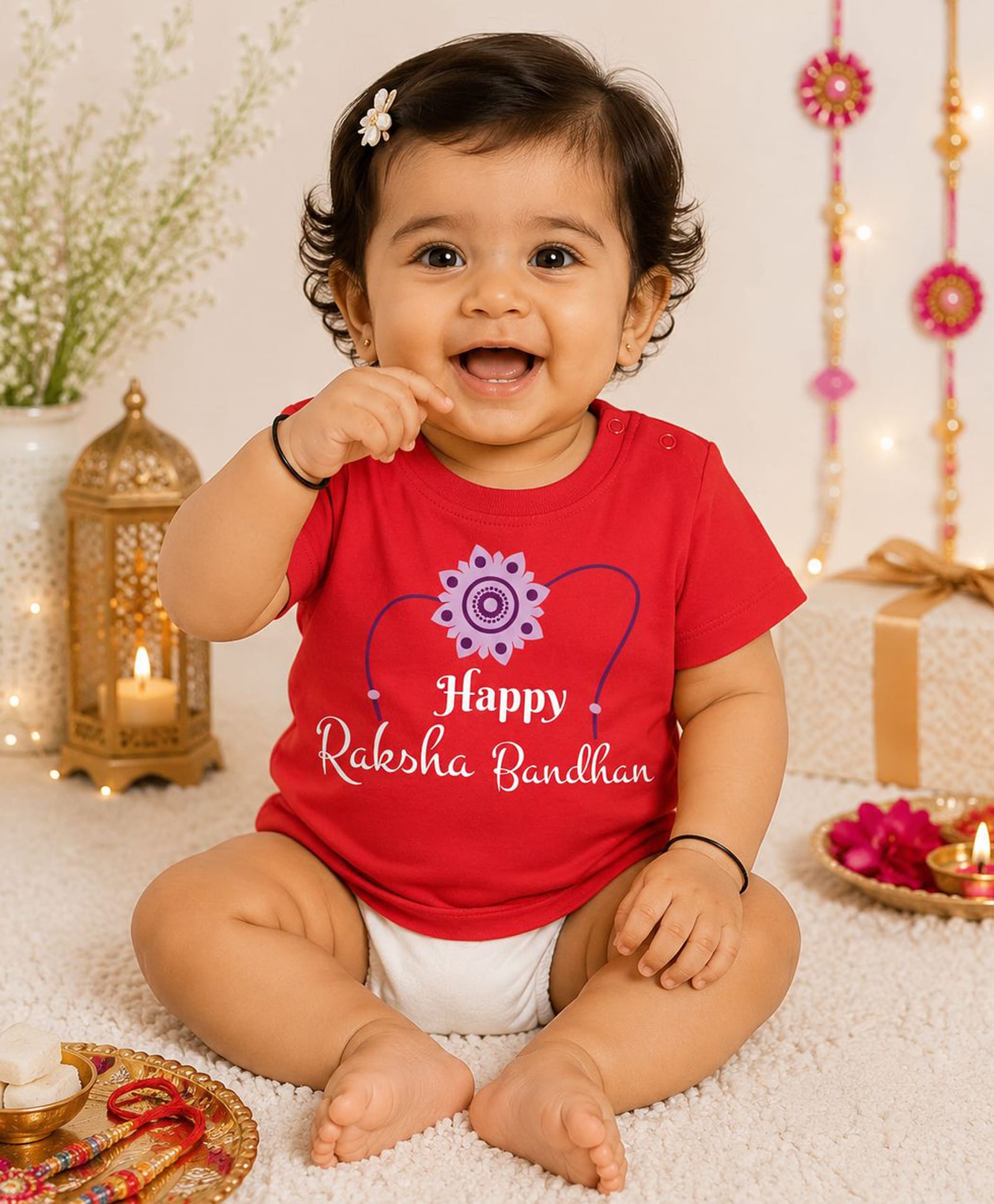 BLUSHES 100% Cotton Knit Raksha Bandhan Theme Half Sleeves Happy Raksha Bandhan Text Printed Tee - Red-picture-5