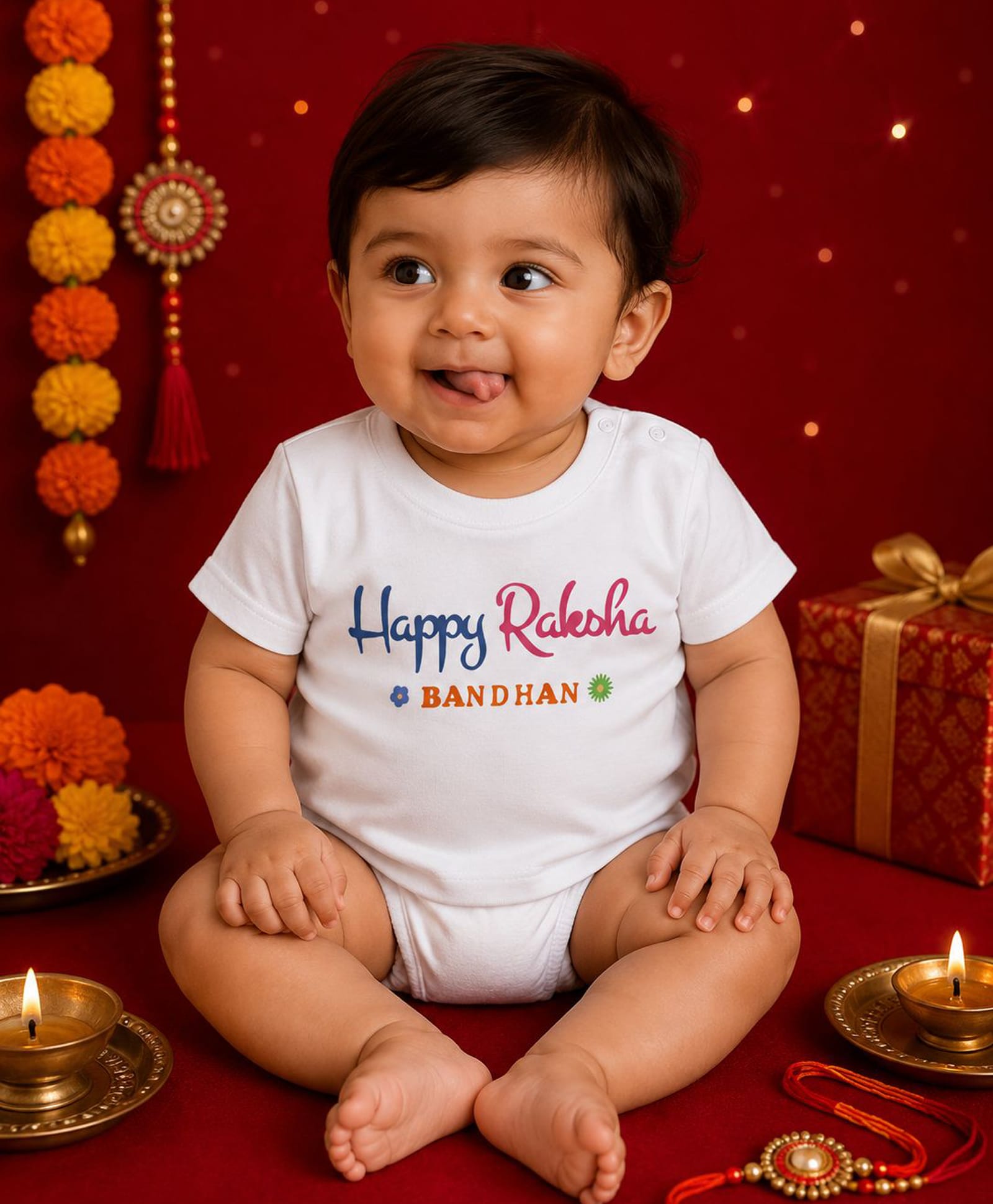 BLUSHES 100% Cotton Knit Raksha Bandhan Theme Half Sleeves Happy Raksha Bandhan Text Printed Tee - White-picture-10