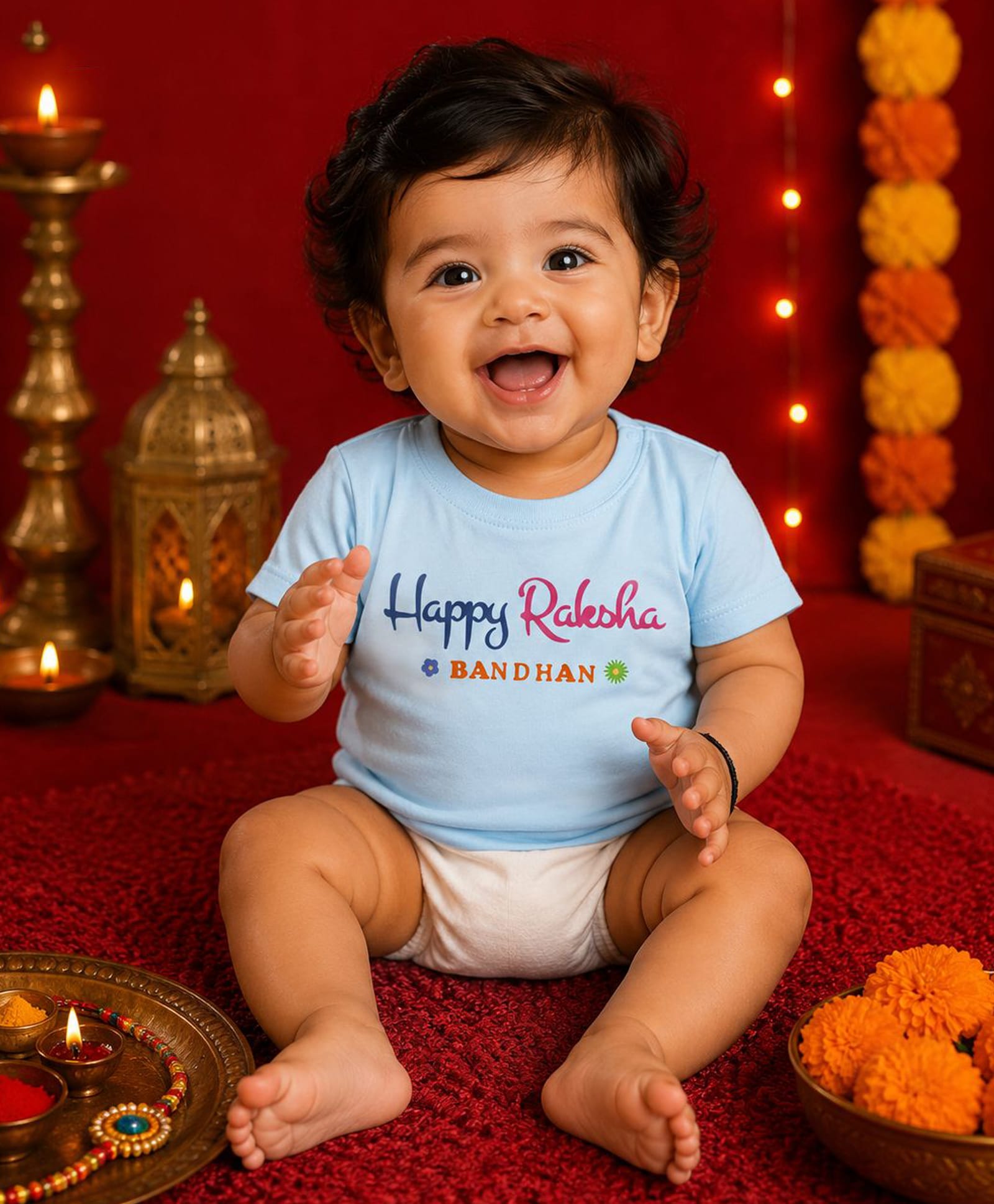 BLUSHES 100% Cotton Knit Raksha Bandhan Theme Half Sleeves Happy Raksha Bandhan Text Printed Tee - Aqua Blue-picture-29