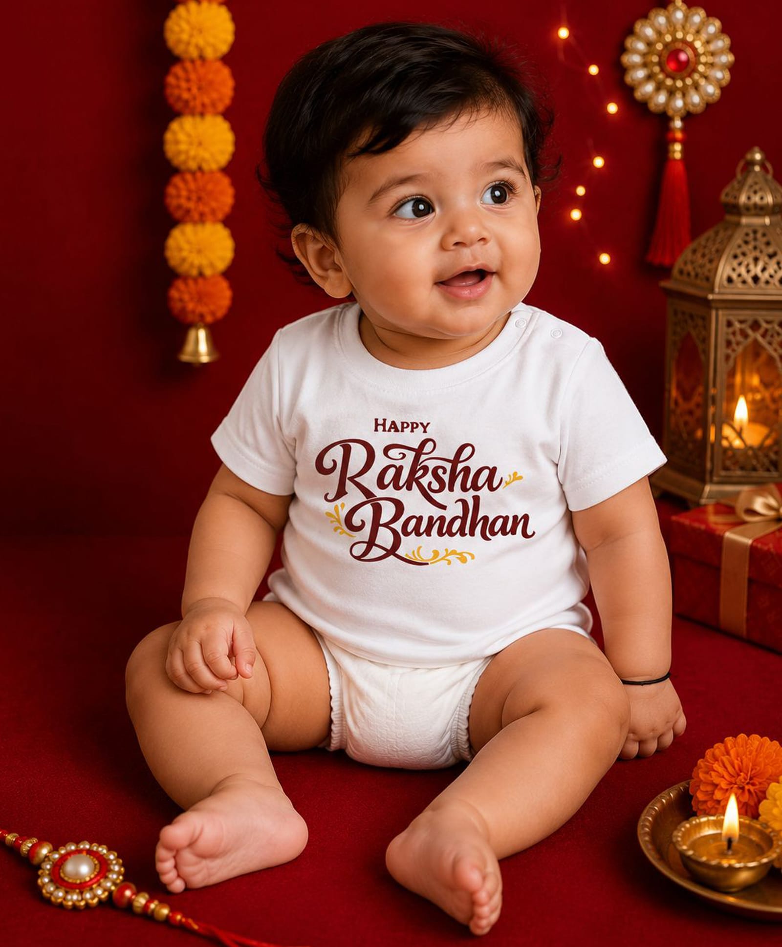 BLUSHES 100% Cotton Knit Raksha Bandhan Theme Half Sleeves Happy Raksha Bandhan Text Printed Tee - White-picture-36