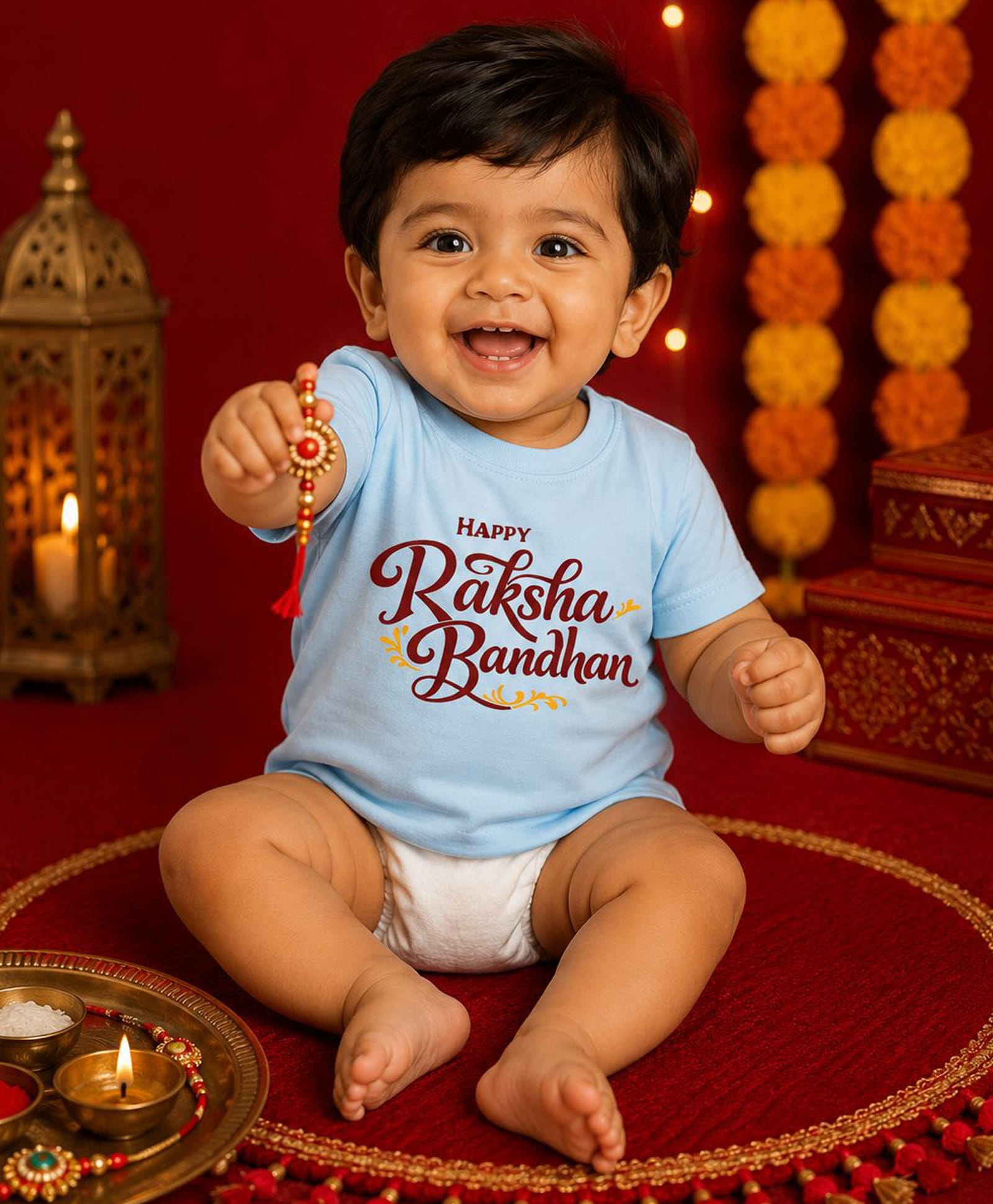 BLUSHES 100% Cotton Knit Raksha Bandhan Theme Half Sleeves Happy Raksha Bandhan Text Printed Tee - Aqua Blue-picture-8