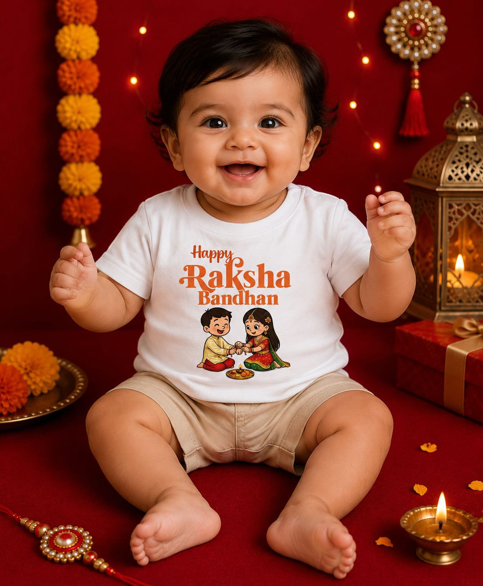 BLUSHES 100% Cotton Knit Raksha Bandhan Theme Half Sleeves Happy Raksha Bandhan Text Printed Tee - White-picture-41