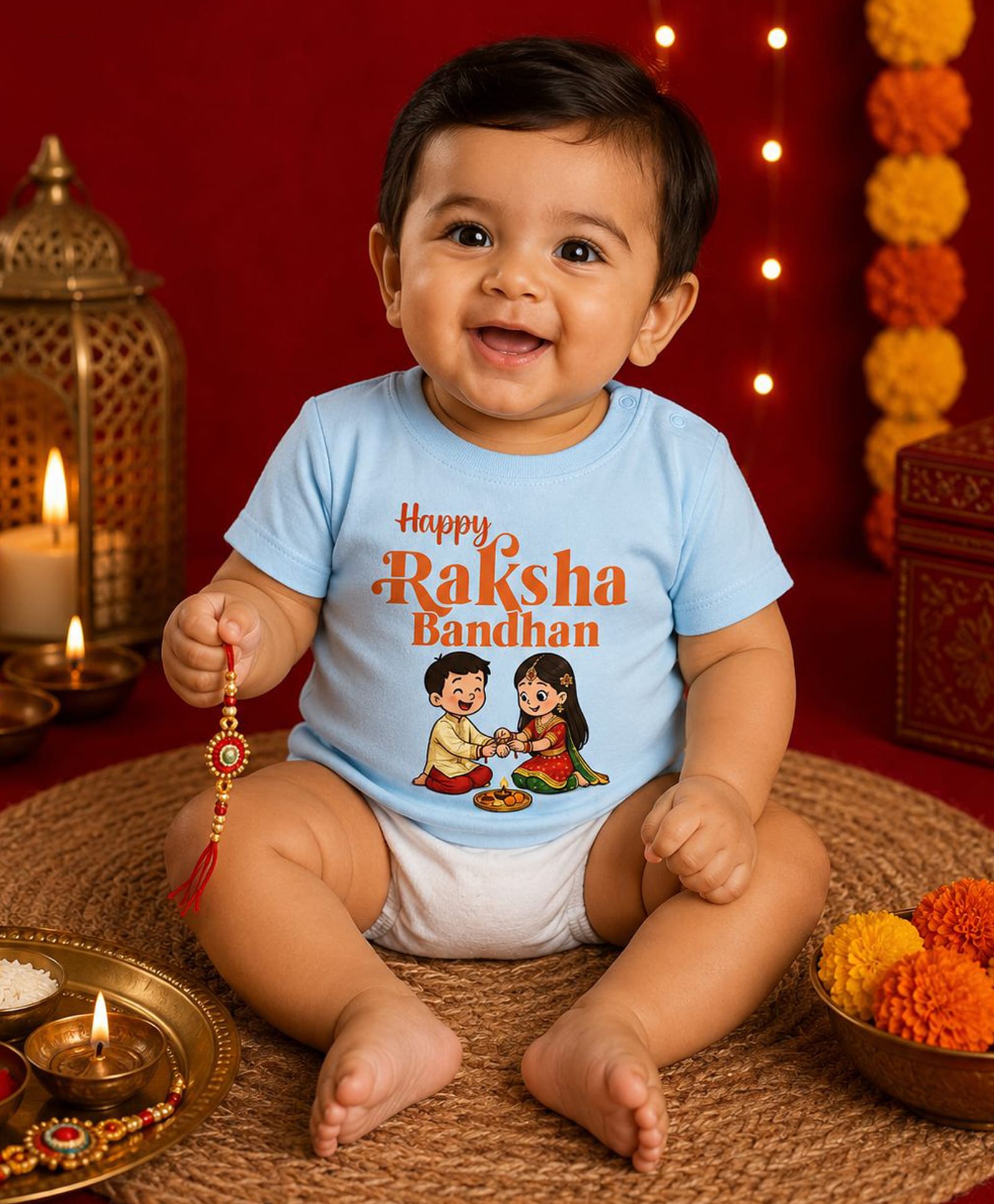 BLUSHES 100% Cotton Knit Raksha Bandhan Theme Half Sleeves Happy Raksha Bandhan Text Printed Tee - Aqua Blue-picture-29