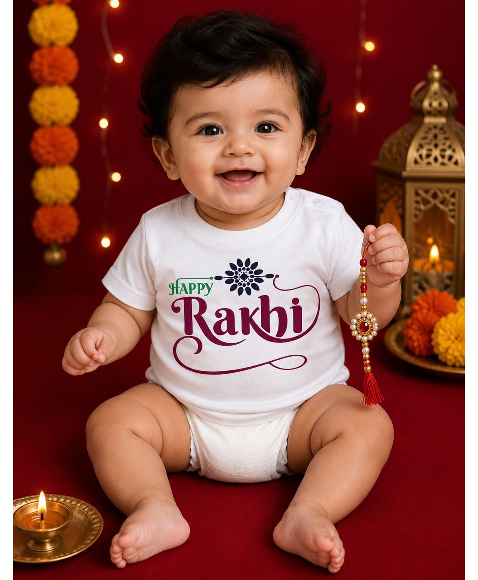 BLUSHES 100% Cotton Knit Raksha Bandhan Theme Half Sleeves Happy Rakhi Text Printed Tee - White-picture-20