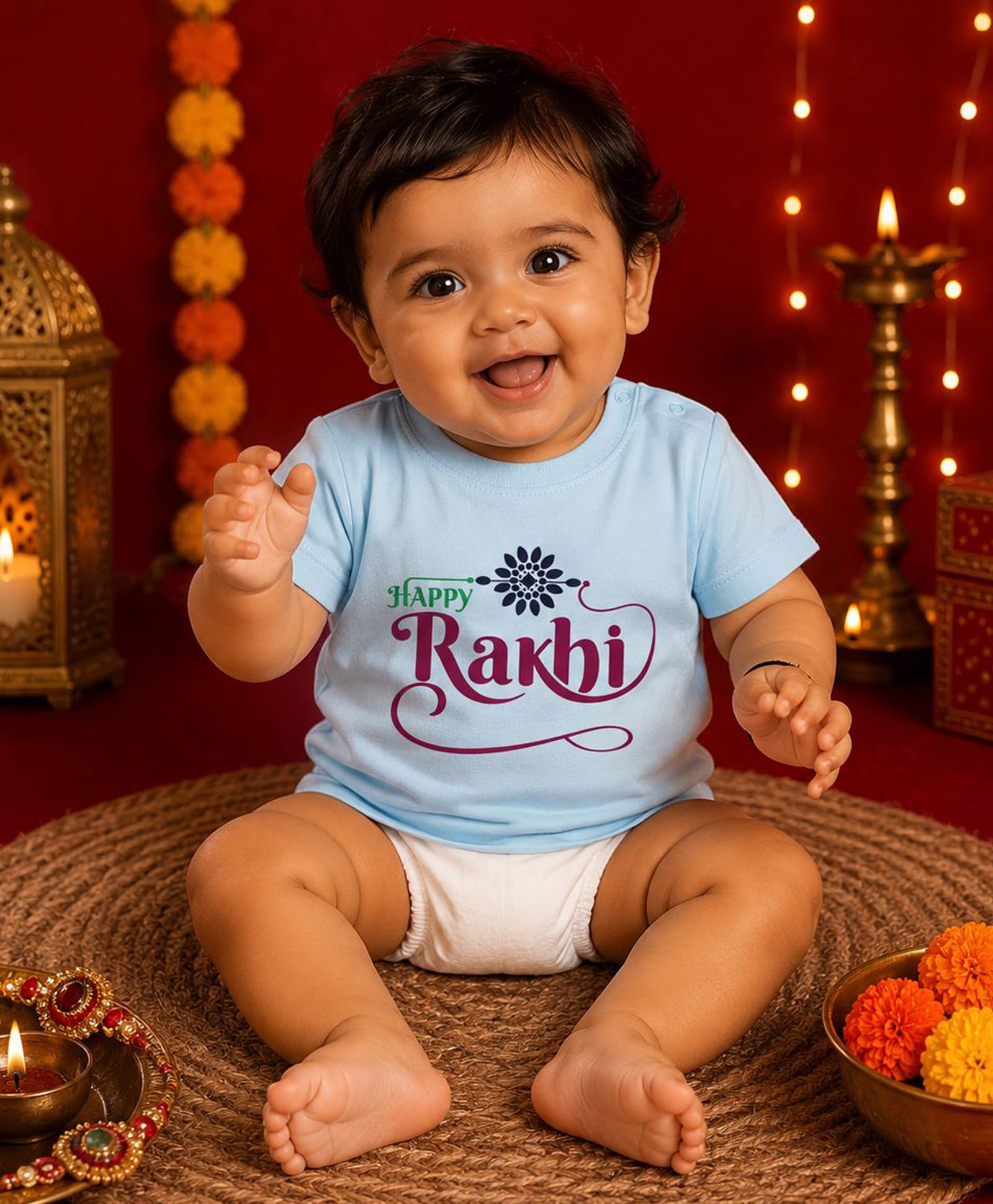 BLUSHES 100% Cotton Knit Raksha Bandhan Theme Half Sleeves Happy Rakhi Text Printed Tee - Aqua Blue-picture-15