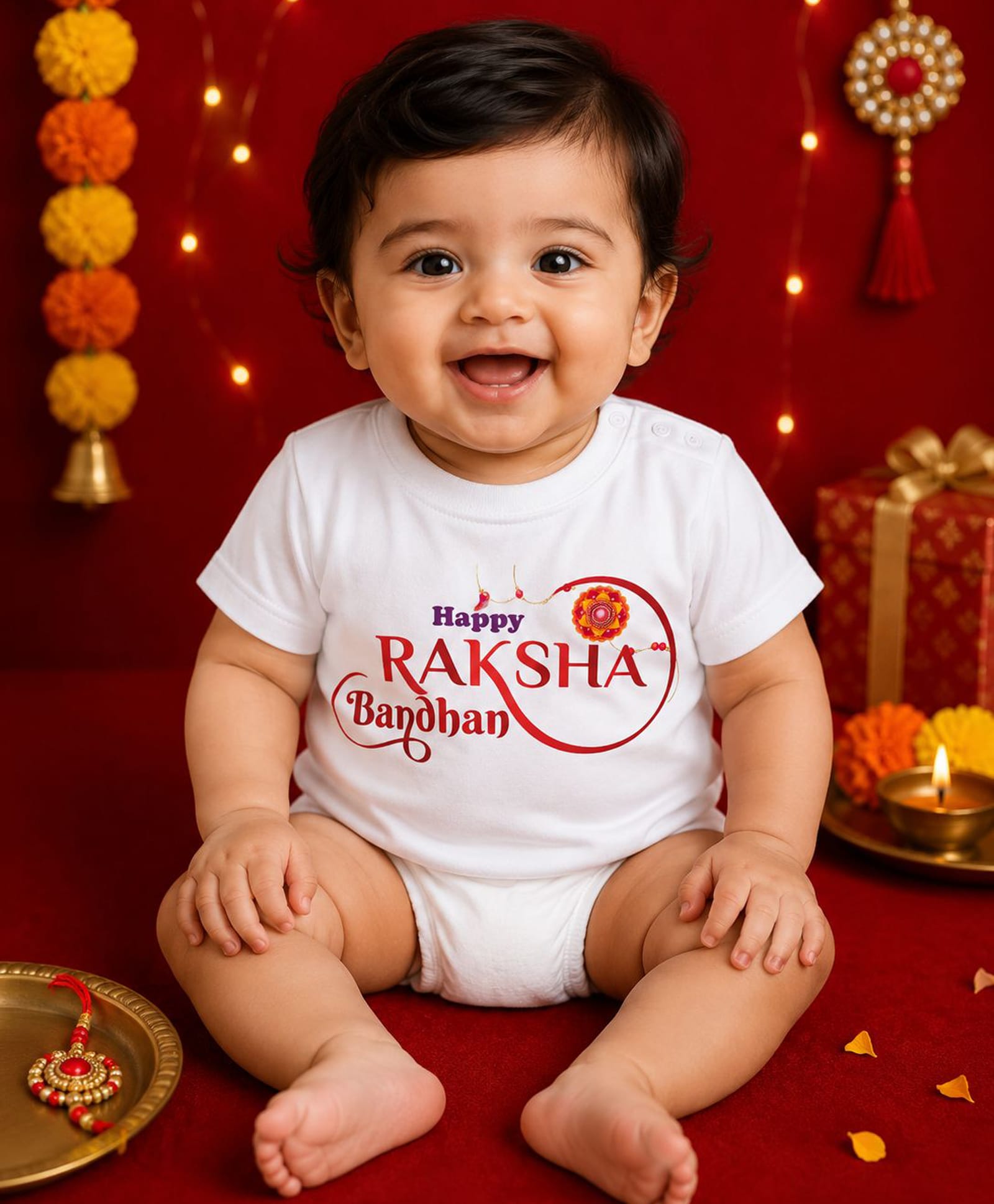 BLUSHES 100% Cotton Knit Raksha Bandhan Theme Half Sleeves Happy Raksha Bandhan Text Printed Tee - White-picture-24