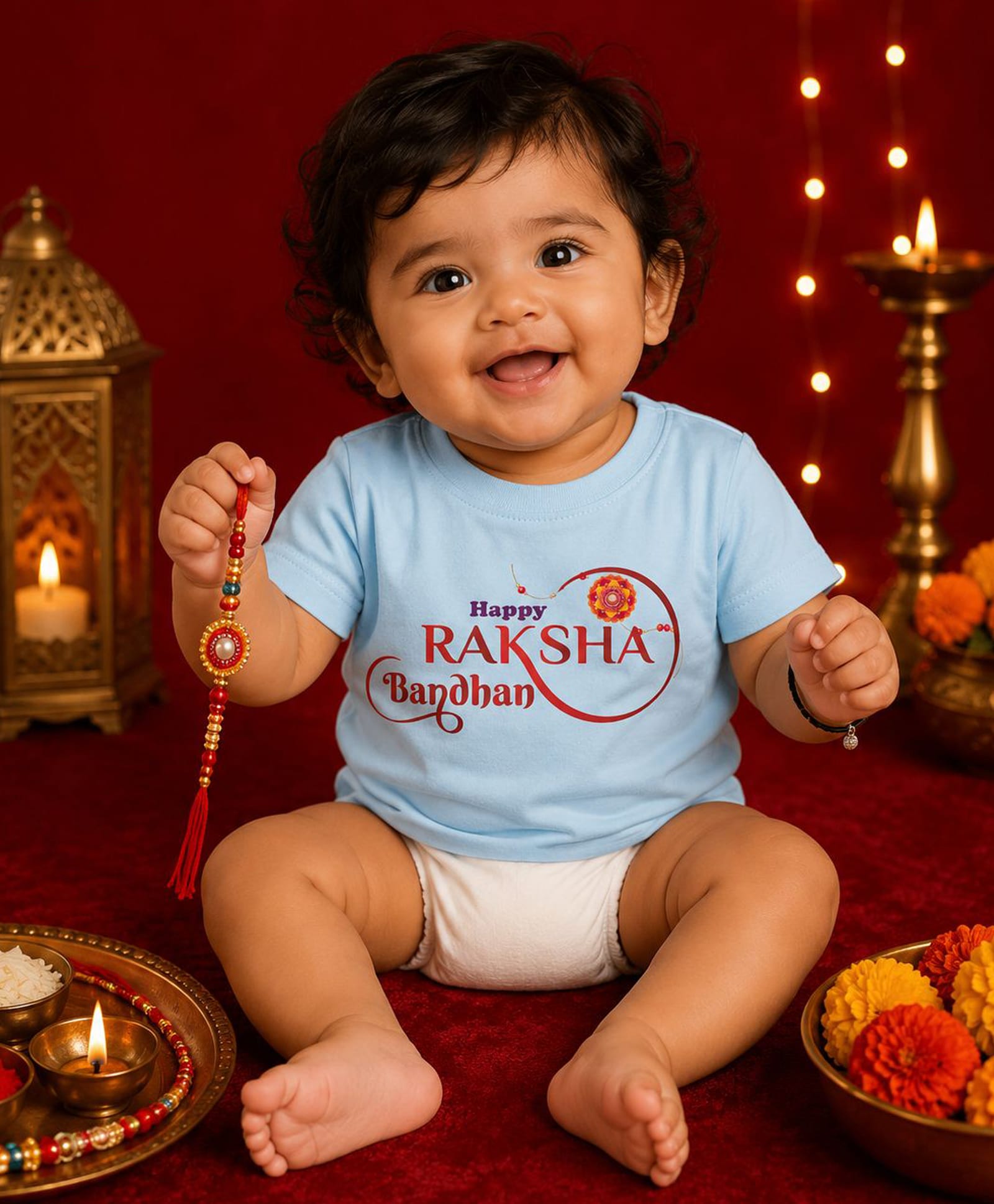 BLUSHES 100% Cotton Knit Raksha Bandhan Theme Half Sleeves Happy Raksha Bandhan Text Printed Tee - Aqua Blue-picture-24