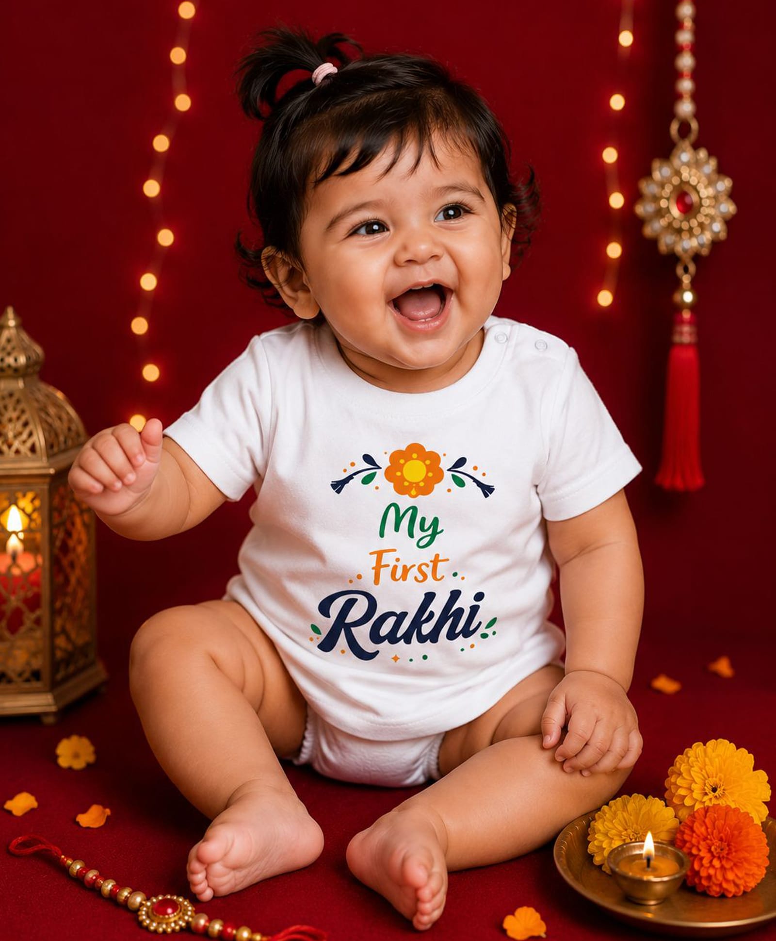 BLUSHES 100% Cotton Knit Raksha Bandhan Theme Half Sleeves My First Rakhi Text Printed Tee - White-picture-23