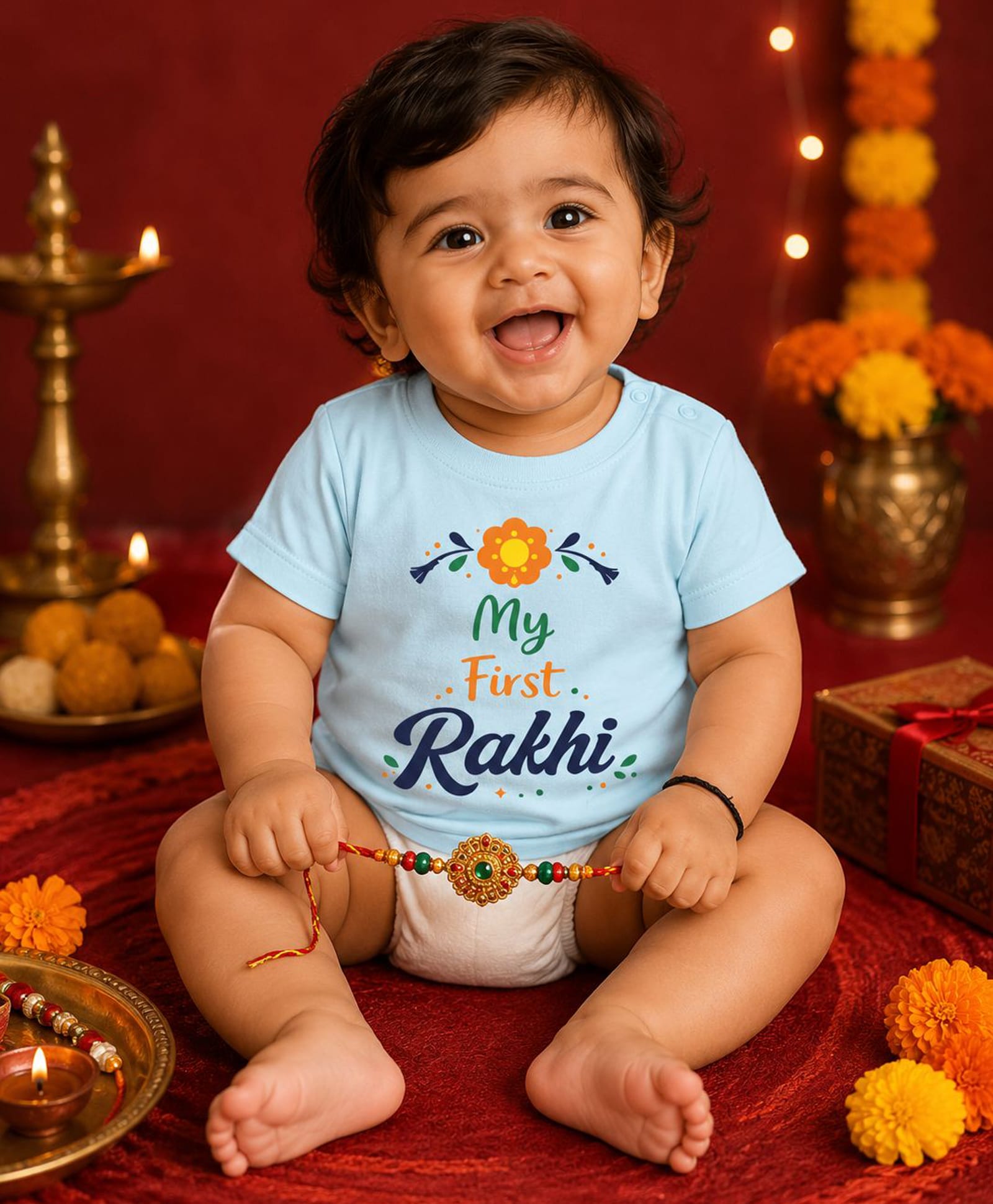 BLUSHES 100% Cotton Knit Raksha Bandhan Theme Half Sleeves My First Rakhi Text Printed Tee - Aqua Blue-picture-48