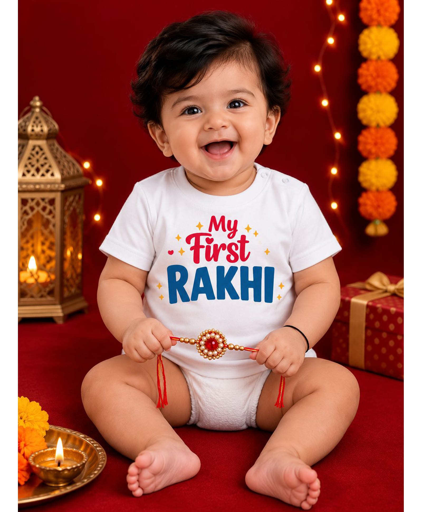 BLUSHES 100% Cotton Knit Raksha Bandhan Theme Half Sleeves My First Rakhi Text Printed Tee - White-picture-25
