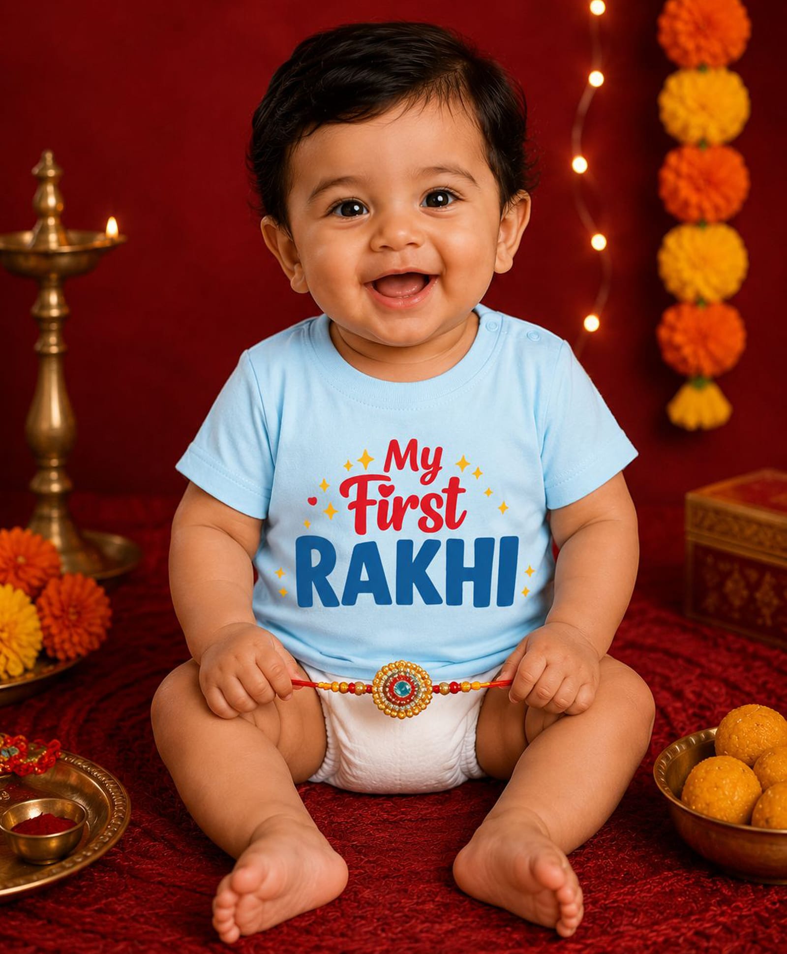 BLUSHES 100% Cotton Knit Raksha Bandhan Theme Half Sleeves My First Rakhi Text Printed Tee - Aqua Blue-picture-46