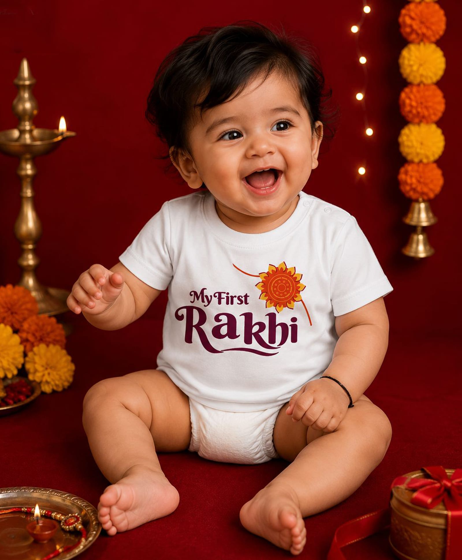 BLUSHES 100% Cotton Knit Raksha Bandhan Theme Half Sleeves My First Rakhi Text Printed Tee - White-picture-39
