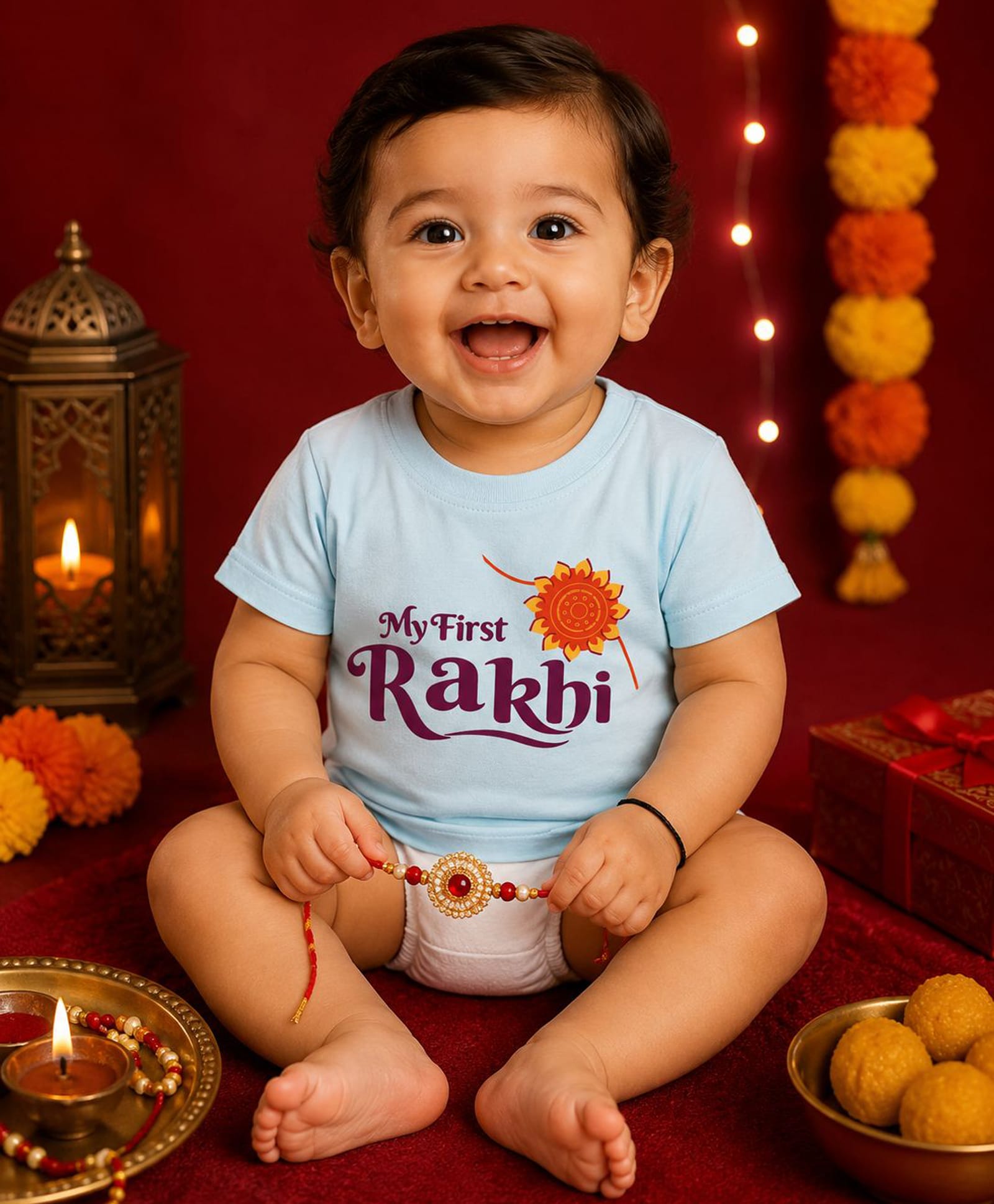 BLUSHES 100% Cotton Knit Raksha Bandhan Theme Half Sleeves My First Rakhi Text Printed Tee - Aqua Blue-picture-6