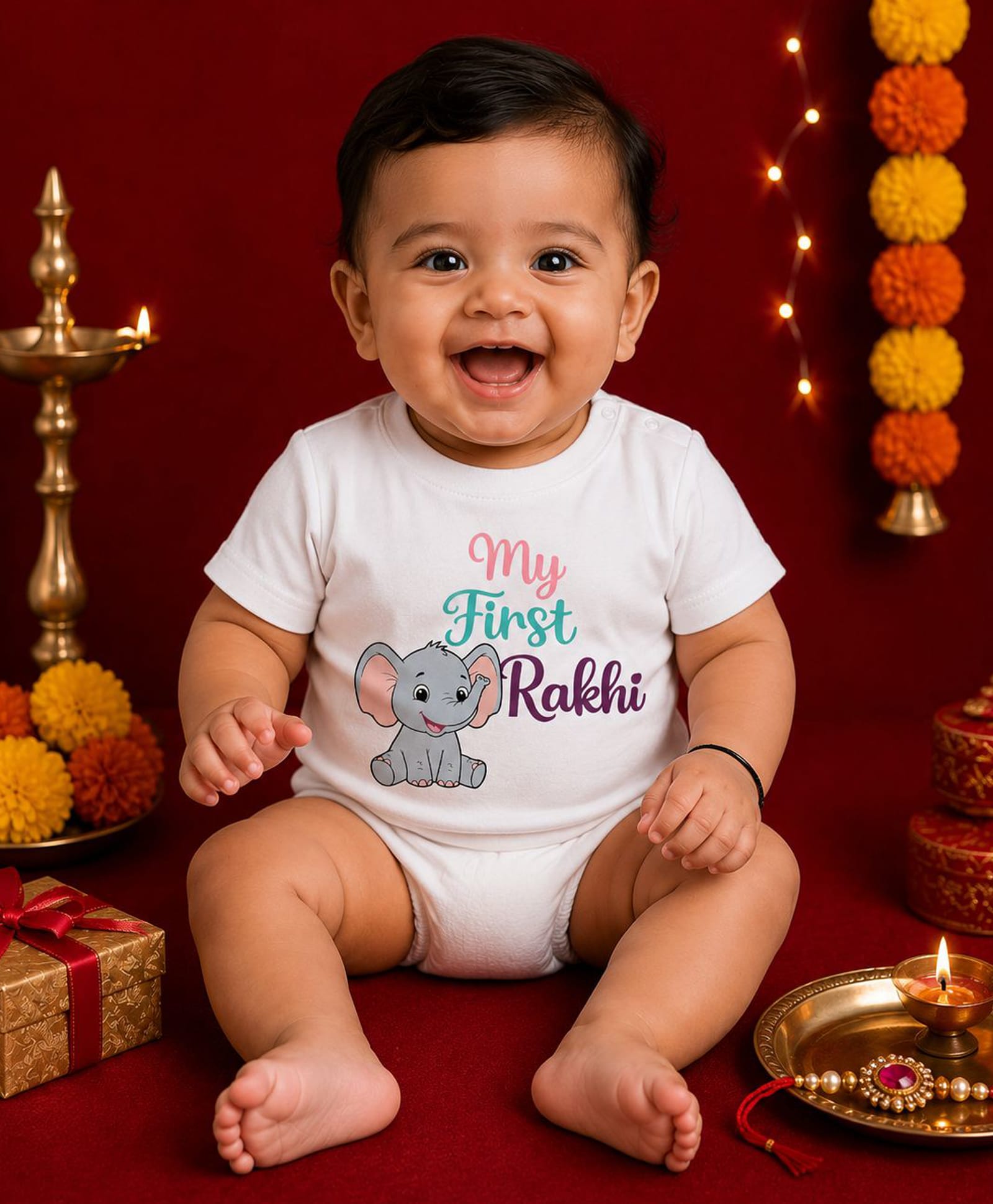 BLUSHES 100% Cotton Knit Raksha Bandhan Theme Half Sleeves My First Rakhi Text Printed Tee - White-picture-23