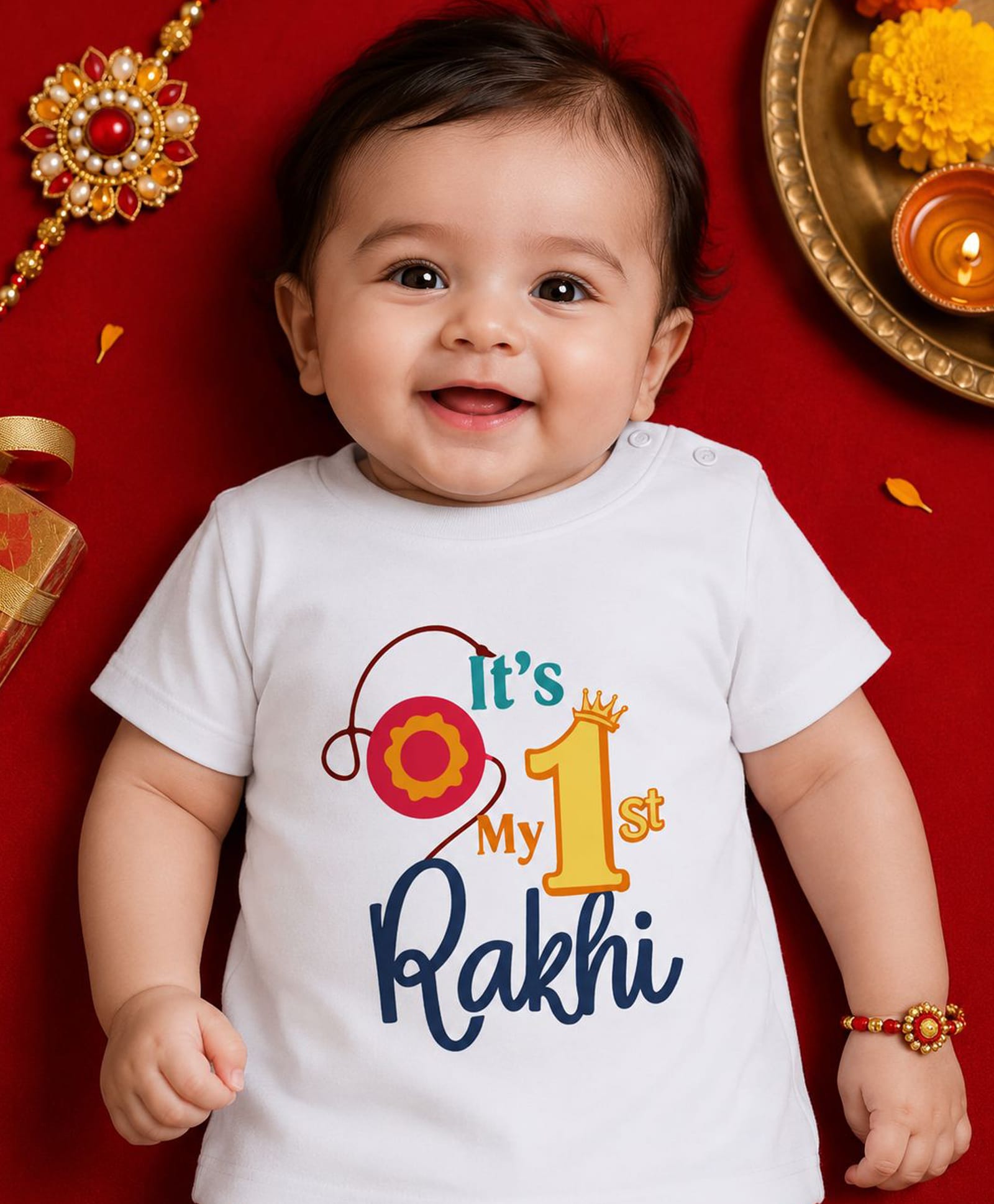 BLUSHES 100% Cotton Knit Raksha Bandhan Theme Half Sleeves Its My 1st Rakhi Text Printed Tee - White-picture-31