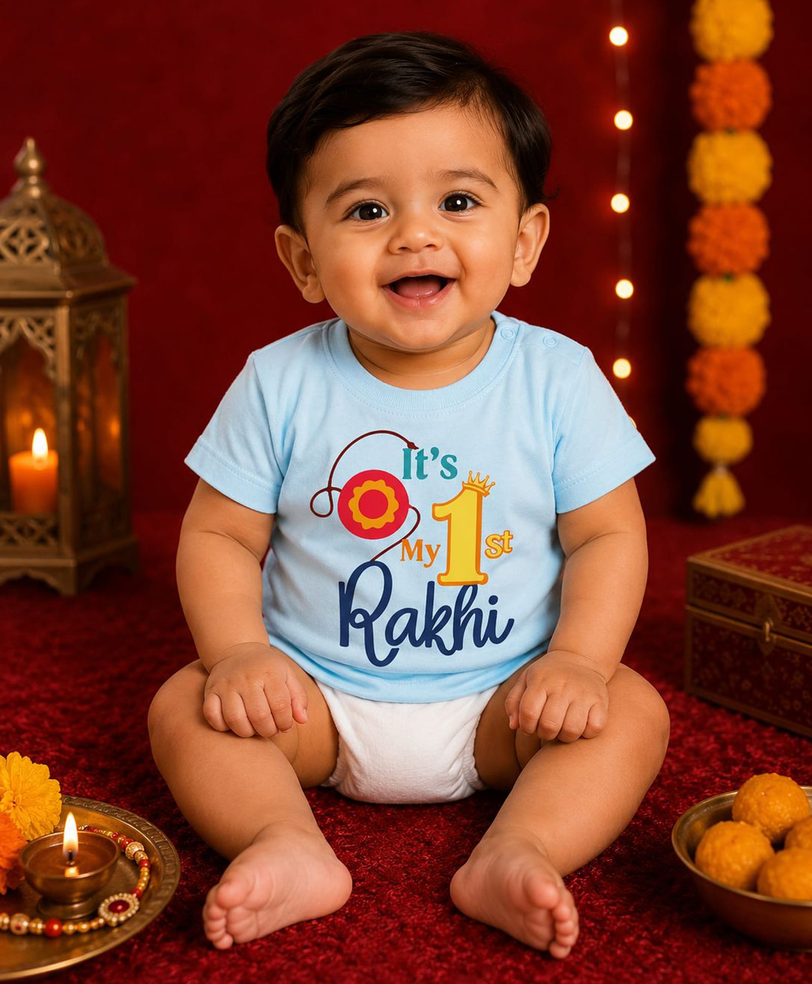 BLUSHES 100% Cotton Knit Raksha Bandhan Theme Half Sleeves Its My 1st Rakhi Text Printed Tee - Aqua Blue-picture-18