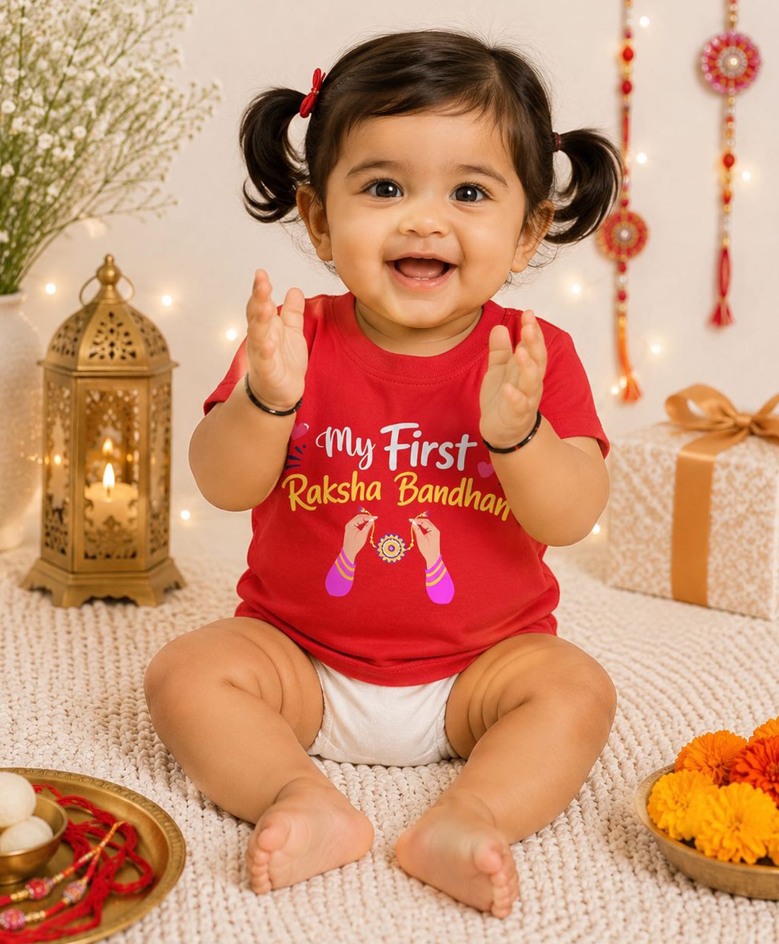 BLUSHES 100% Cotton Knit Raksha Bandhan Theme Half Sleeves My First Raksha Bandhan Text Printed Tee - Red-picture-24