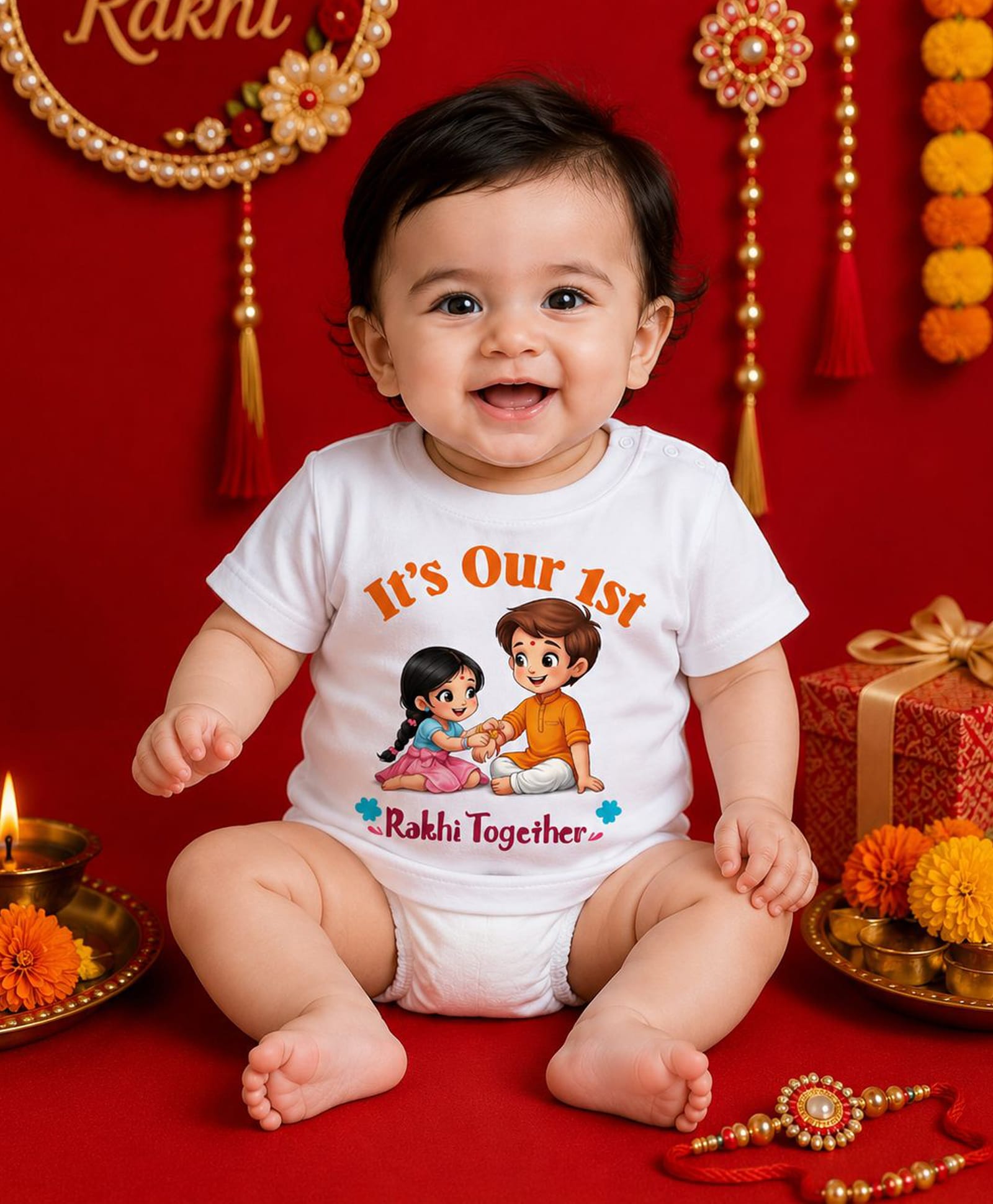 BLUSHES 100% Cotton Knit Raksha Bandhan Theme Half Sleeves Its Our 1st Rakhi Together Text Printed Tee - White-picture-26