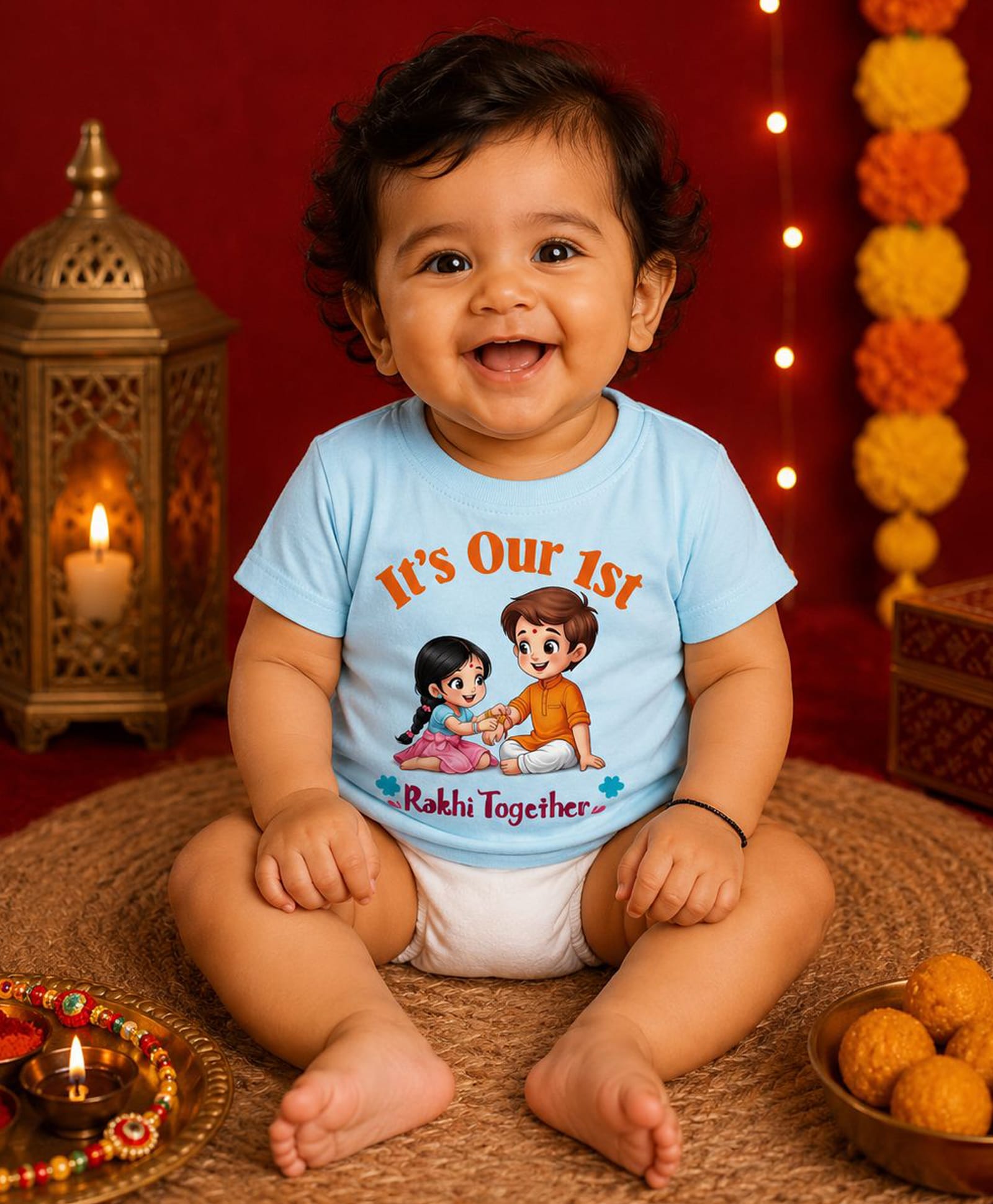 BLUSHES 100% Cotton Knit Raksha Bandhan Theme Half Sleeves Its Our 1st Rakhi Together Text Printed Tee - Aqua Blue-picture-22