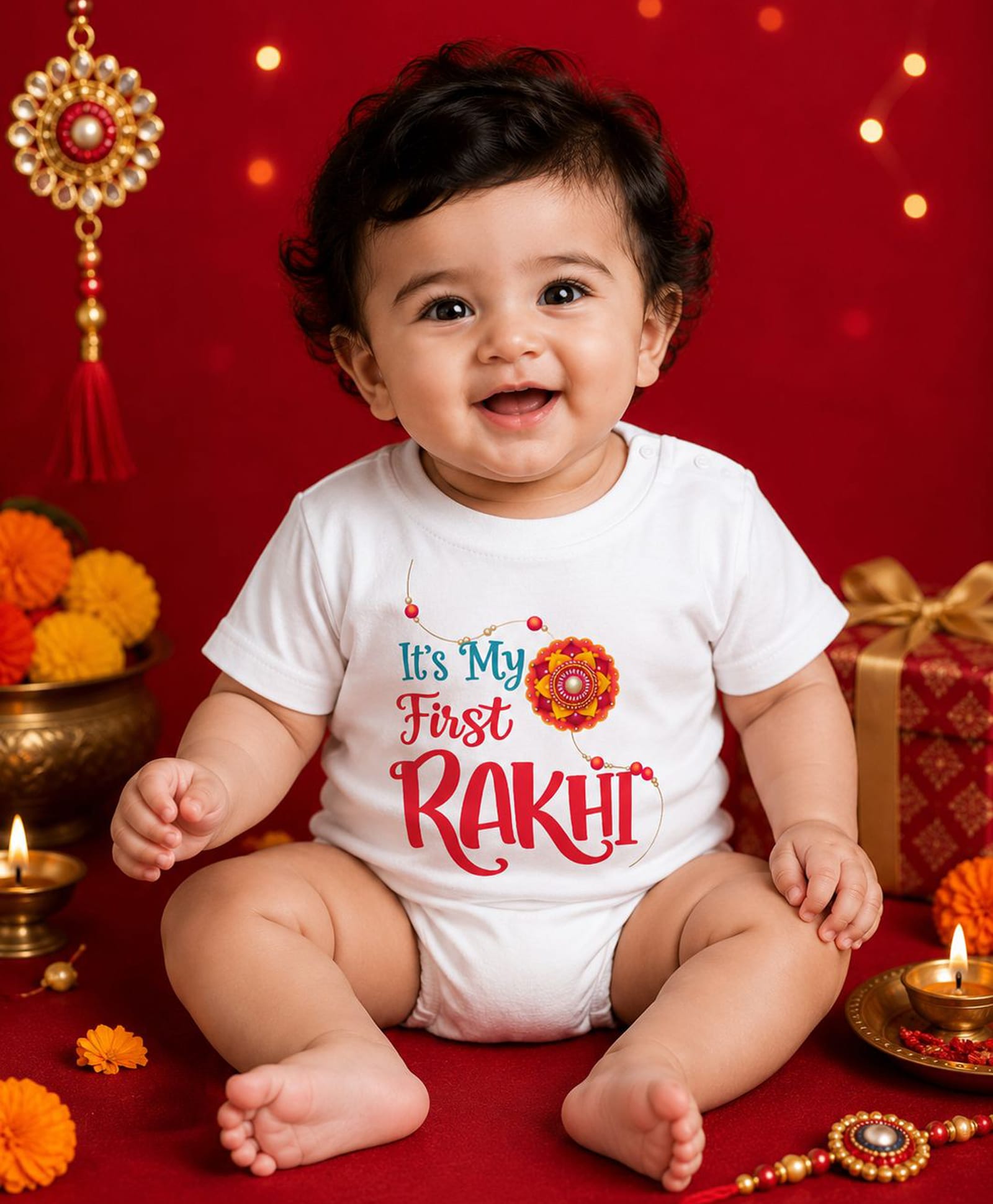 BLUSHES 100% Cotton Knit Raksha Bandhan Theme Half Sleeves Its My 1st Rakhi Text Printed Tee - White-picture-45