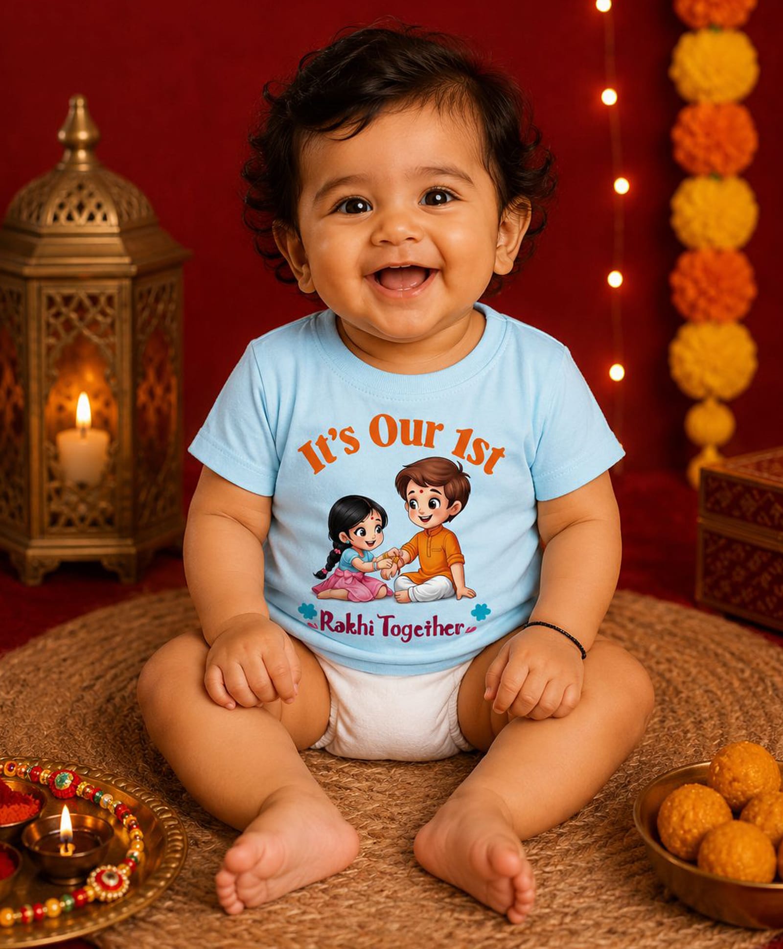 BLUSHES 100% Cotton Knit Raksha Bandhan Theme Half Sleeves Its My 1st Rakhi Text Printed Tee - Aqua Blue-picture-4