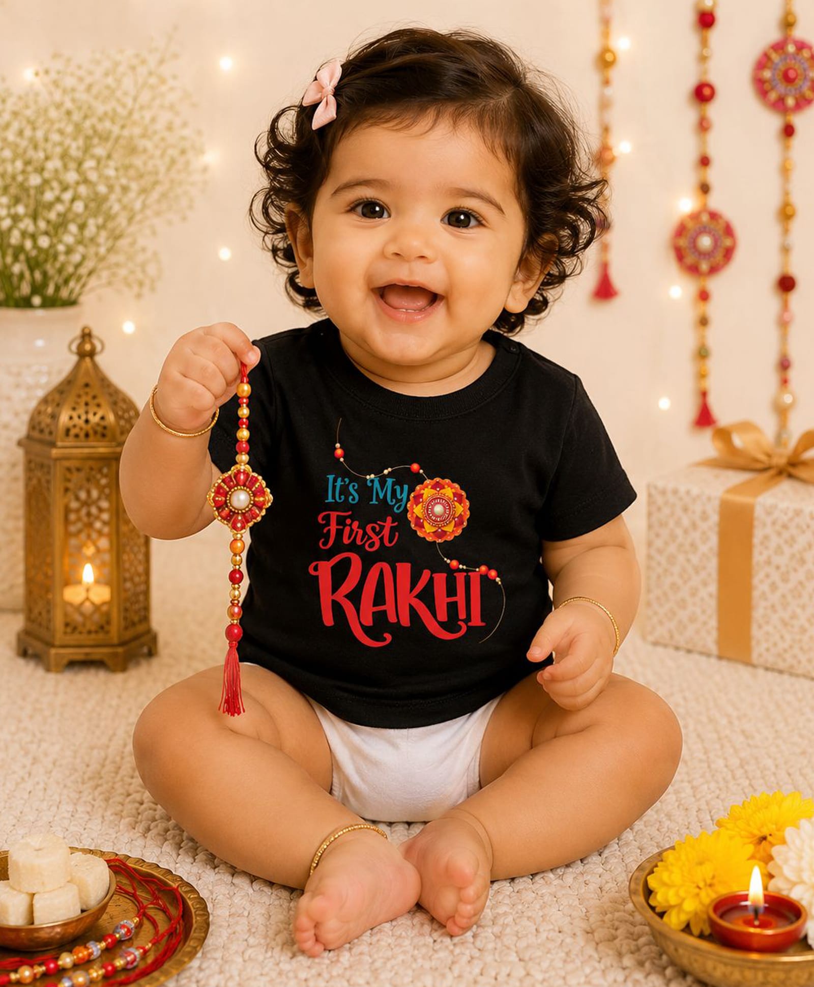 BLUSHES 100% Cotton Knit Raksha Bandhan Theme Half Sleeves Its My 1st Rakhi Text Printed Tee - Black-picture-34