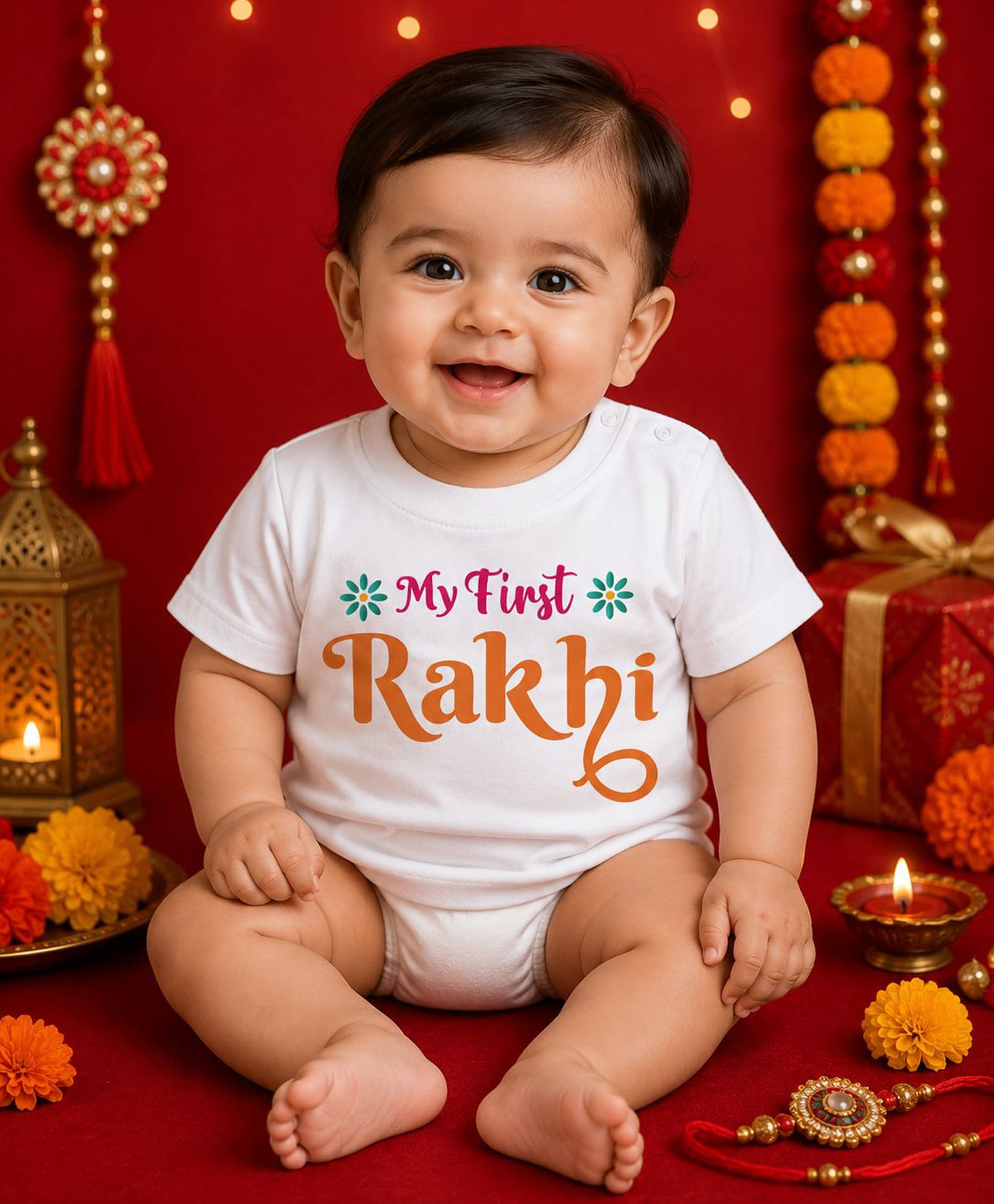 BLUSHES 100% Cotton Knit Raksha Bandhan Theme Half Sleeves My First Rakhi Text Printed Tee - White-picture-4