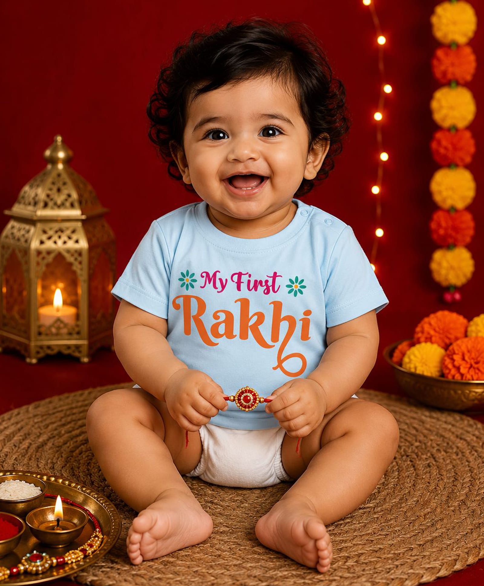 BLUSHES 100% Cotton Knit Raksha Bandhan Theme Half Sleeves My First Rakhi Text Printed Tee - Aqua Blue-picture-14