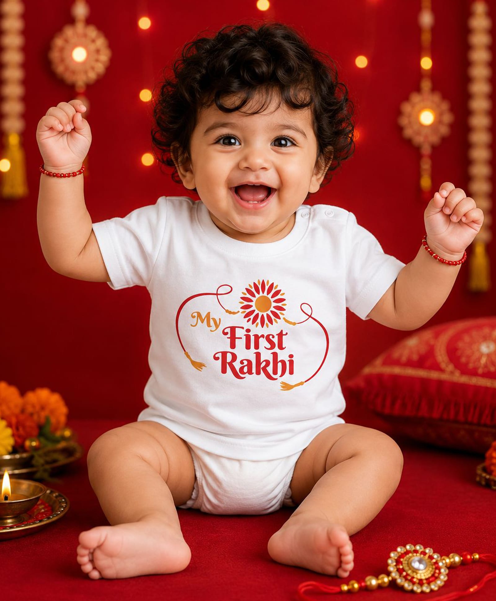 BLUSHES 100% Cotton Knit Raksha Bandhan Theme Half Sleeves My First Rakhi Text Printed Tee - White-picture-30