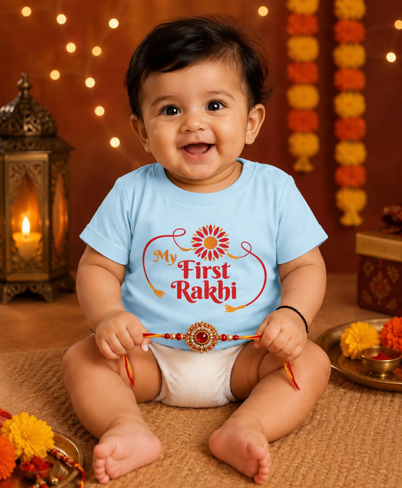 BLUSHES 100% Cotton Knit Raksha Bandhan Theme Half Sleeves My First Rakhi Text Printed Tee - Aqua Blue-picture-33
