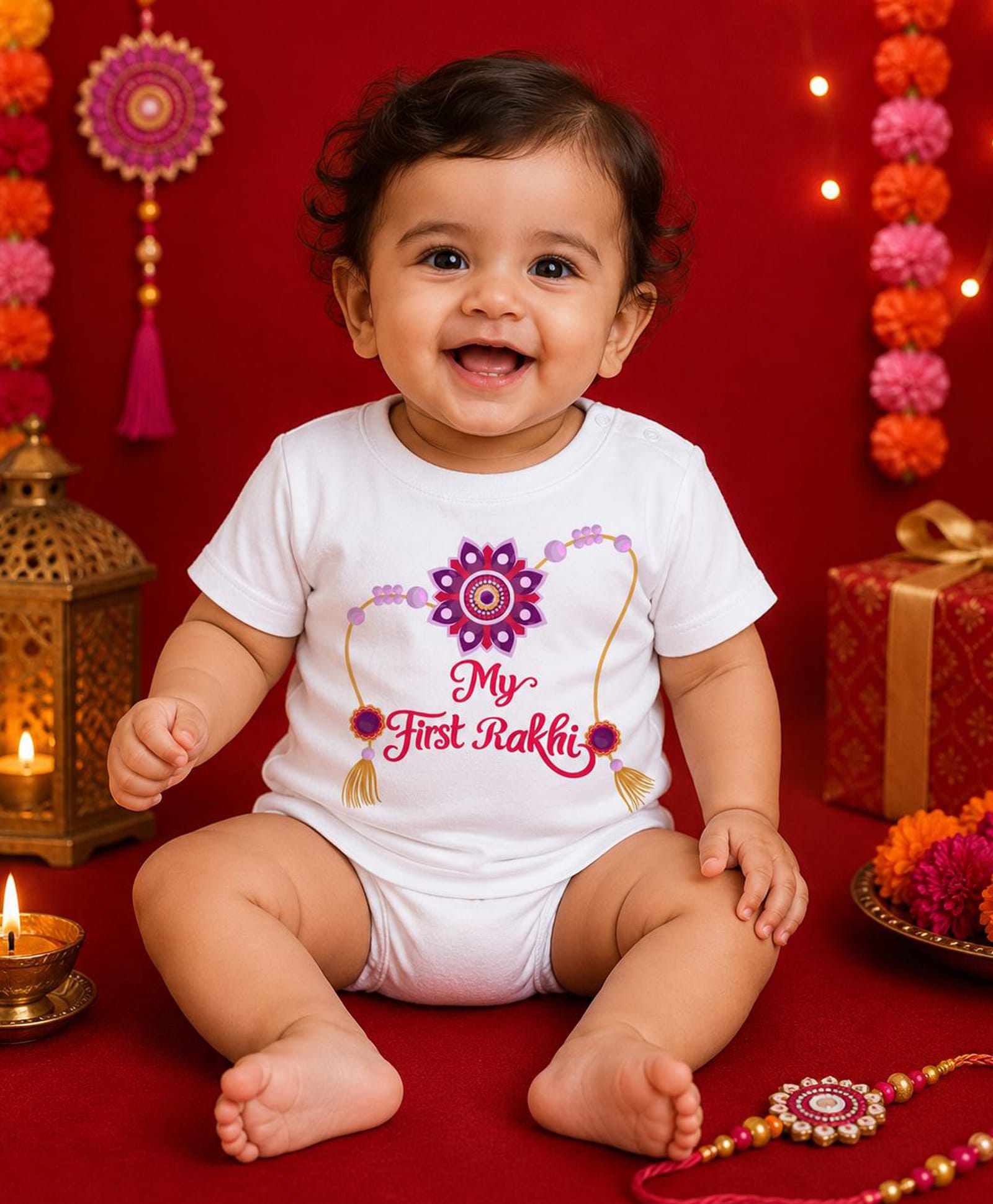 BLUSHES 100% Cotton Knit Raksha Bandhan Theme Half Sleeves My First Rakhi Text Printed Tee - White-picture-42