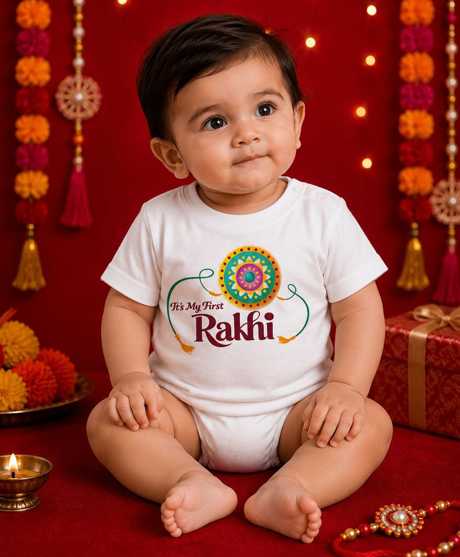 BLUSHES 100% Cotton Knit Raksha Bandhan Theme Half Sleeves Its My First Rakhi Text Printed Tee - White-picture-6