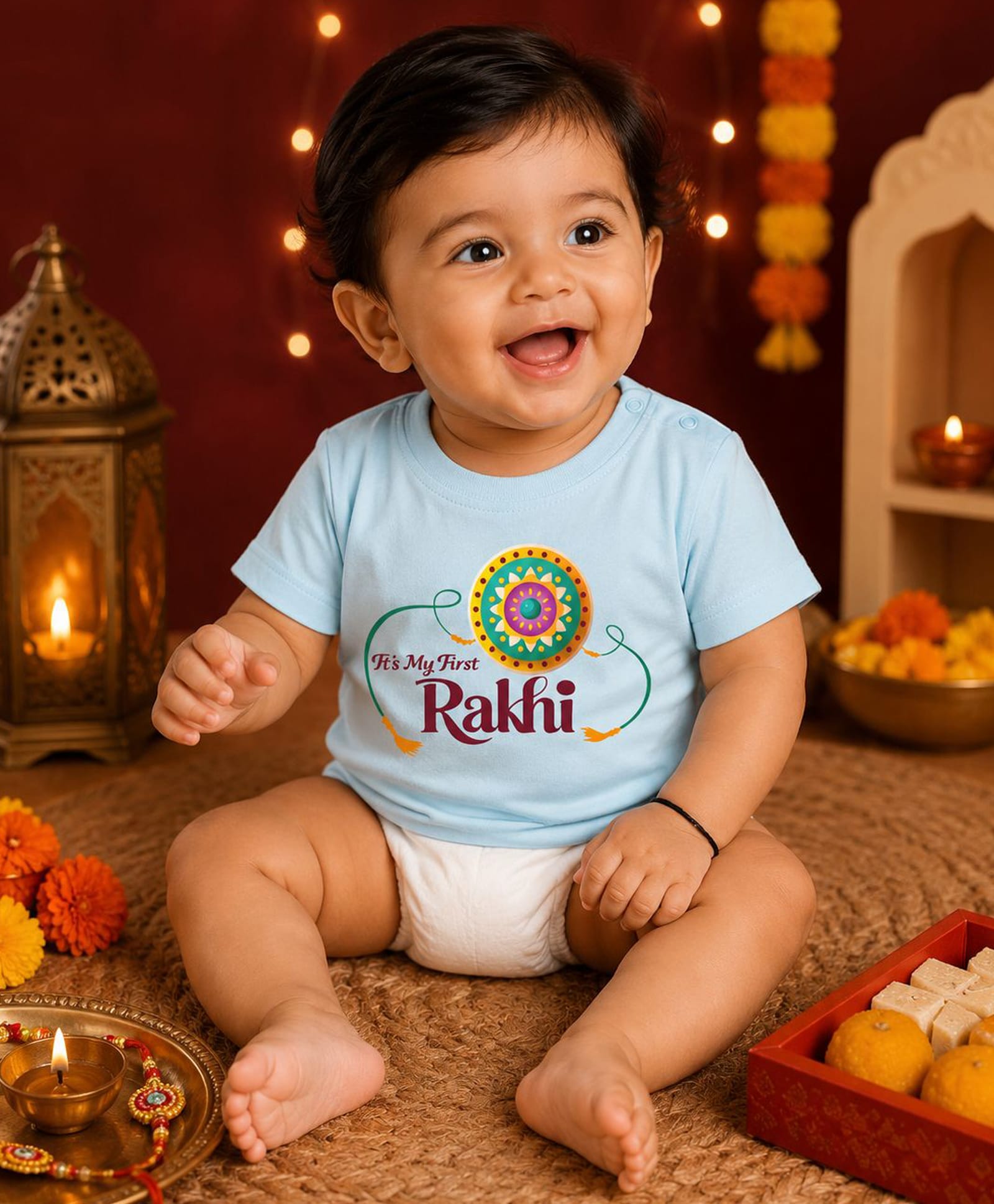 BLUSHES 100% Cotton Knit Raksha Bandhan Theme Half Sleeves Its My First Rakhi Text Printed Tee - Aqua Blue-picture-3