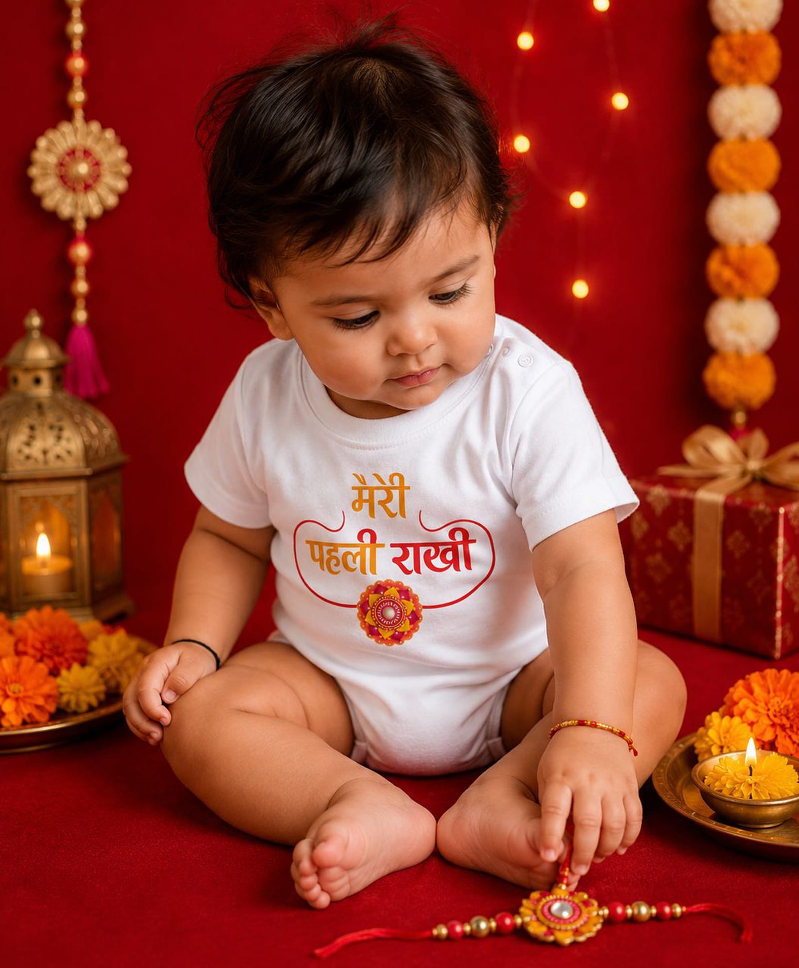 BLUSHES 100% Cotton Knit Raksha Bandhan Theme Half Sleeves Meri Pehli Rakhi Text Printed Tee - White-picture-33