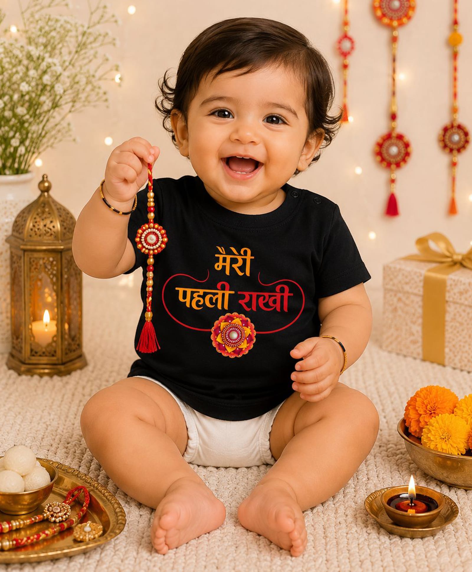 BLUSHES 100% Cotton Knit Raksha Bandhan Theme Half Sleeves Meri Pehli Rakhi Text Printed Tee - Black-picture-14