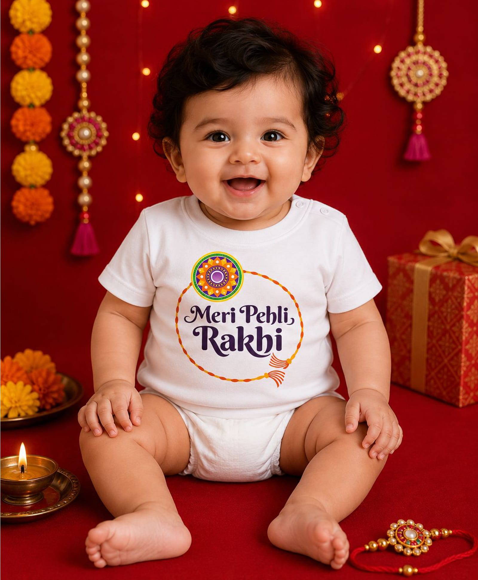 BLUSHES 100% Cotton Knit Raksha Bandhan Theme Half Sleeves Meri Pehli Rakhi Text Printed Tee - White-picture-41