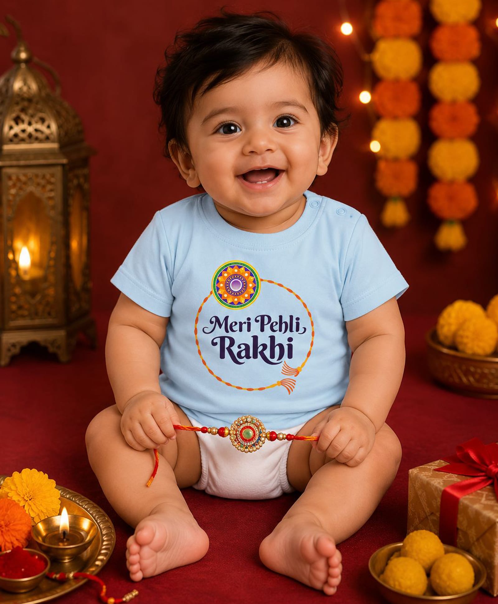 BLUSHES 100% Cotton Knit Raksha Bandhan Theme Half Sleeves Meri Pehli Rakhi Text Printed Tee - Aqua Blue-picture-17