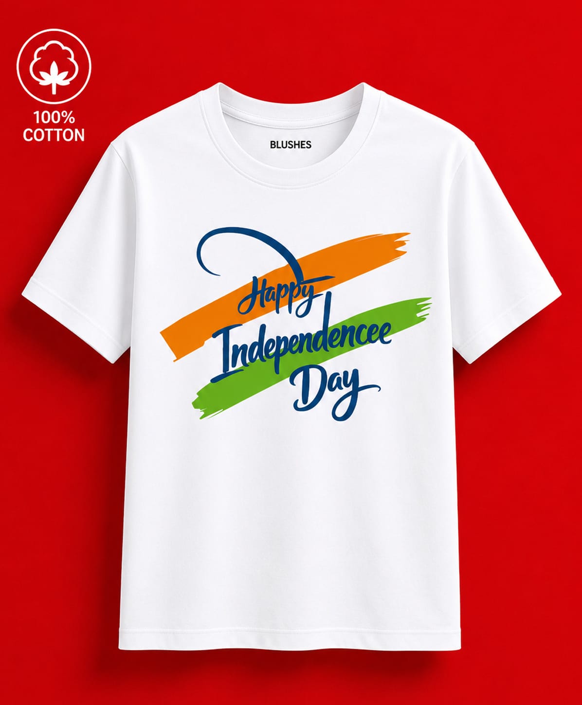 BLUSHES Cotton Knit Independence Day Theme Half Sleeves Happy Independence Day Text Printed Tee - White-image-22