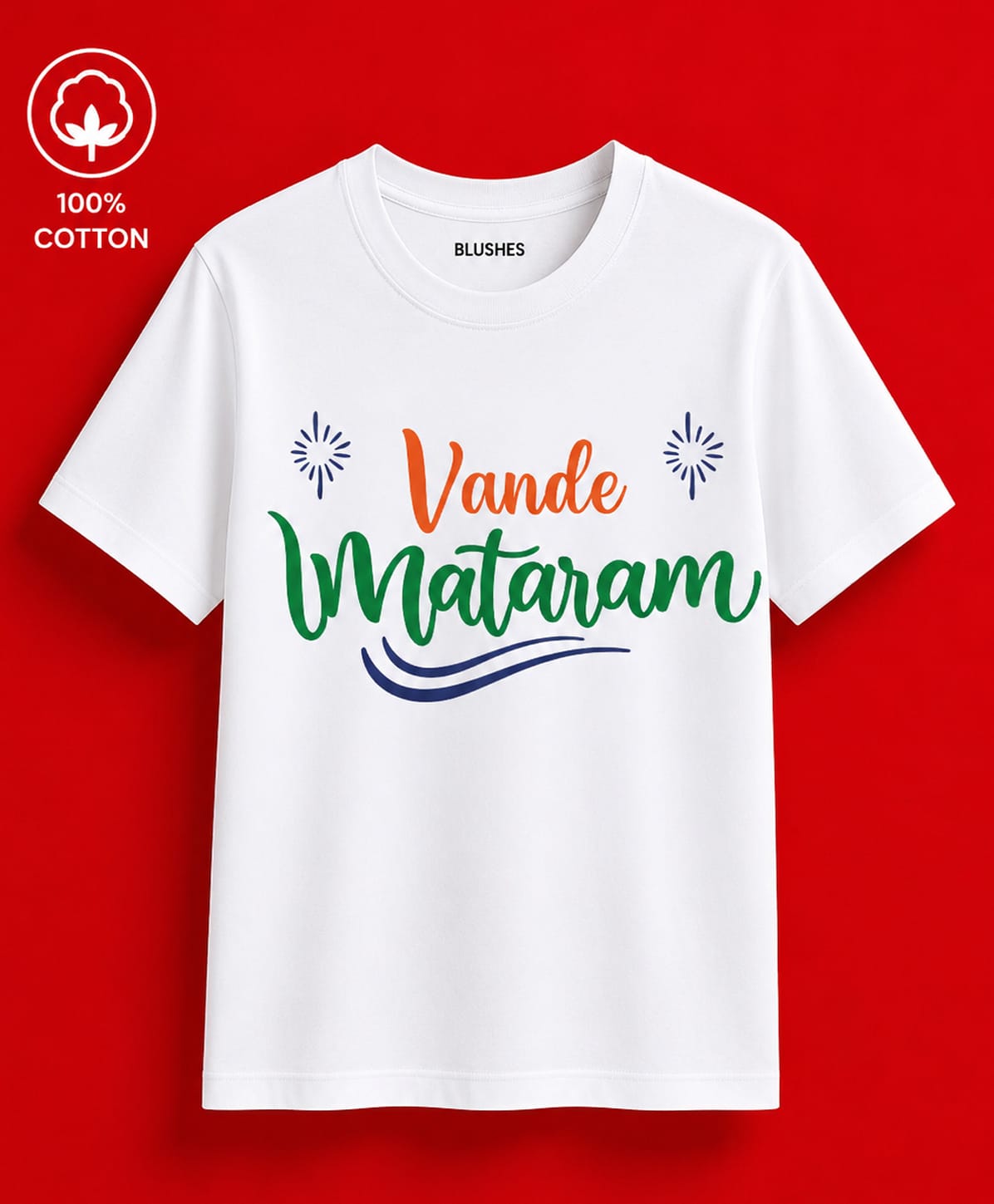 BLUSHES Cotton Knit Independence Day Theme Half Sleeves Vande Mataram Text Printed Tee - White-picture-23