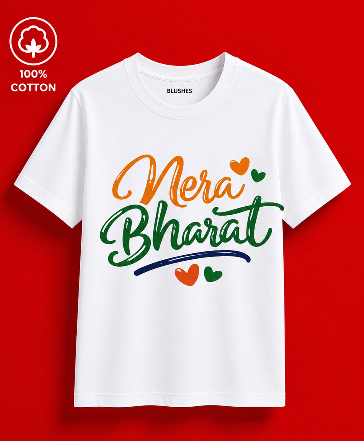BLUSHES 100% Cotton Knit Independence Day Theme Half Sleeves Mera Bharat Text Printed Tee - White-picture-17