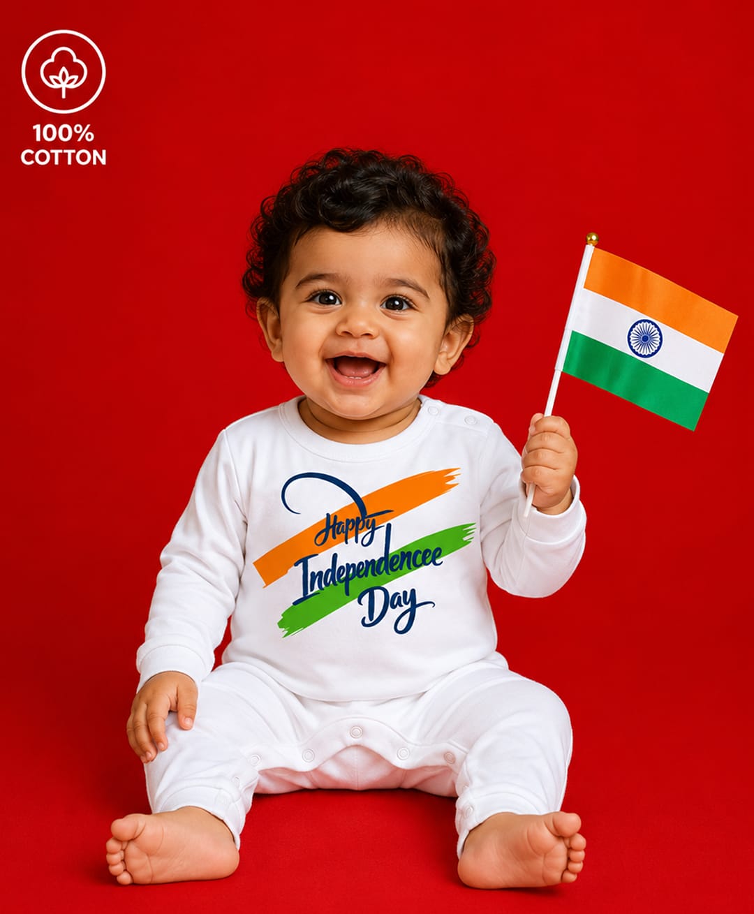 BLUSHES 100% Cotton Knit Independence Day Theme Full Sleeves Happy Independence Day Text Printed Romper - White-picture-20