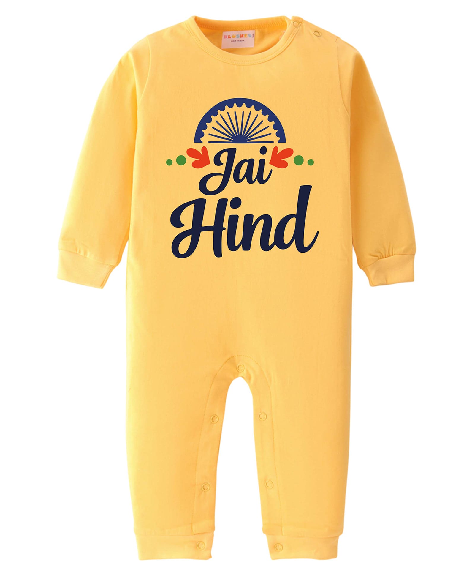BLUSHES 100% Cotton Knit Independence Day Theme Full Sleeves Jai Hind Text Printed Romper - Yellow-picture-42