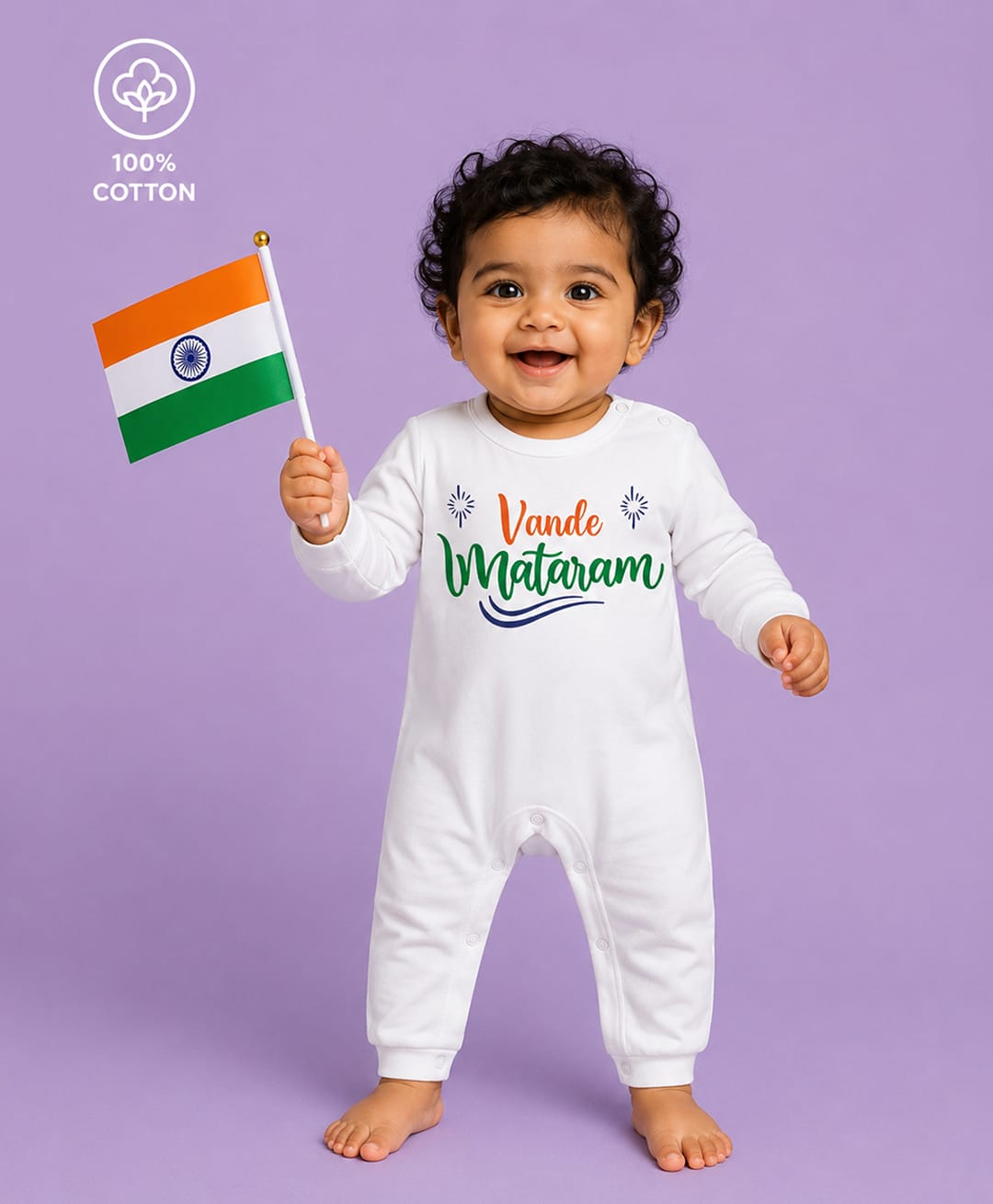 BLUSHES 100% Cotton Knit Independence Day Theme Full Sleeves Vande Mataram Text Printed Romper - White-picture-2