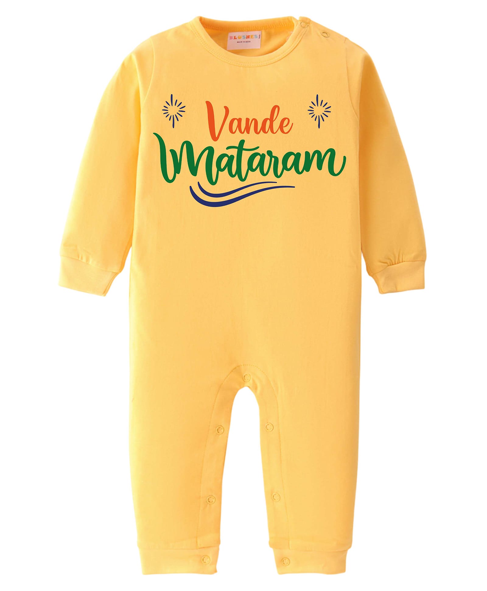 BLUSHES 100% Cotton Knit Independence Day Theme Full Sleeves Vande Mataram Text Printed Romper - Yellow-image-42